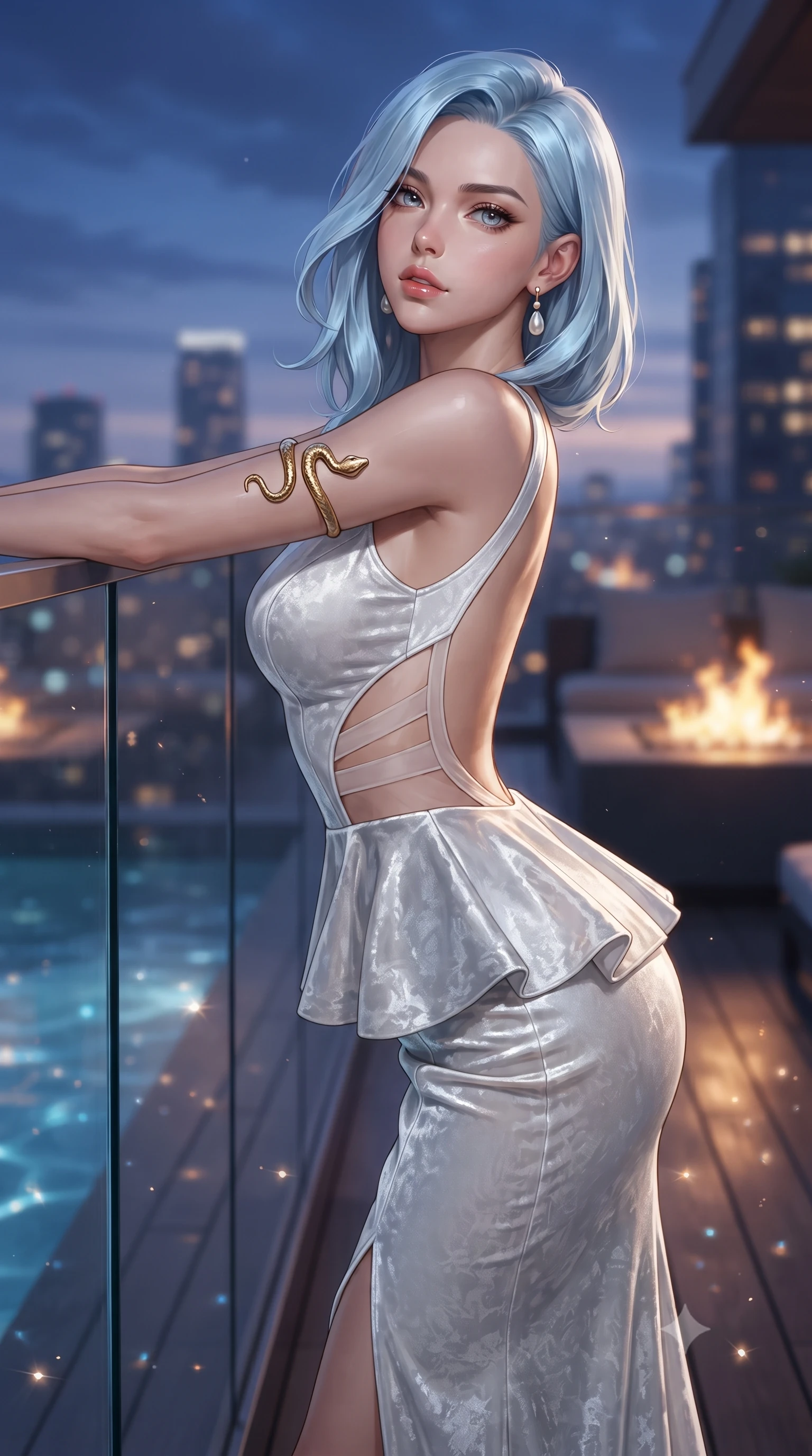score_9, masterpiece, best quality, ultra-detailed, high-budget anime keyframe, editorial fashion photography, tasteful artistic composition, Korean woman. close-up cowboy shot from the waist and thighs up, the character dominates the composition, filling the frame with her large presence. leaning back with relaxed seductive grace, her sculpted collarbones and narrow waist highlighted as she casts smoldering bedroom-eyes directly into the camera while leaning against the seamless glass balcony barrier overlooking a 360-degree glittering city skyline, hips cocked back in a seductive S-curve as she looks over her shoulder. The composition keeps background elements in soft focus with creamy bokeh. shimmering pool caustics and city light reflections scattering radiant light motes across the deck. She has an exceptionally elegant, slender, and willowy female figure with an ultra-slim waist, a gracefully sculpted slender torso, toned flat midriff, and rounded feminine hips creating an alluring hourglass silhouette. sharp v-shaped jawline, high-bridge nose, intricate jewel-like eyes with depth, thick eyelashes, glossy parted lips with a natural sheen, intensely captivating and seductive bedroom-eyes expression, flawlessly proportioned anatomical accuracy, strict slender model proportions, natural body alignment, perfectly sculpted long slender limbs, ultra-slim waistline, clean dynamic posture without body distortion. wearing a structural geometric peplum gown with sheer side-ribbon cutouts and form-fitting skirt in pristine arctic white and metallic silver, crafted from heavyweight crushed silk velvet with liquid luster, accented with a sculptured gold serpent armlet and pearl drop earrings, the precision-cut side openings and low-back scoop framing her graceful spine and the sensual sweep of her hips. bathed in twilight indigo sky tones and warm amber rooftop fire pit glow. ultra-reflective glossy finish, specular highlights, rich textural contrasts, high-contrast stereoscopic depth, volumetric dynamic lighting, 2k, ultra detail, master piece, 9:16 ratio