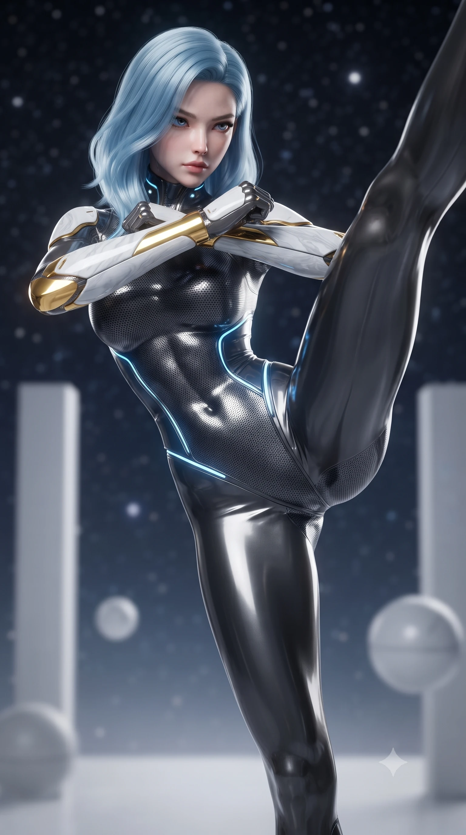 score_9, masterpiece, best quality, ultra-detailed, high-budget anime keyframe, editorial fashion photography, tasteful artistic composition, Korean woman. close-up cowboy shot from the waist and thighs up, the character dominates the composition, filling the frame with her large presence. shifting into a low cat-stance with arms crossed defensively, glowing energy conduits tracing her ultra-slim waist and sculpted clavicle while pivoting dynamically in mid-air as she executes a zero-G 180-degree vertical split kick against the star-filled cosmic backdrop. The composition keeps background elements in soft focus with creamy bokeh. minimalist quartz dojo pillars and floating zero-G training spheres softened in smooth atmospheric depth of field. She has an exceptionally elegant, slender, and willowy female figure with an ultra-slim waist, a gracefully sculpted slender torso, toned flat midriff, and a refined slim silhouette. sharp v-shaped jawline, high-bridge nose, intricate jewel-like eyes with depth, thick eyelashes, glossy lips with a natural sheen, flawlessly proportioned anatomical accuracy, strict slender model proportions, natural body alignment, perfectly sculpted long slender limbs, ultra-slim waistline, clean dynamic posture without body distortion. wearing an aerodynamic dark titanium carbon-mesh jumper with glowing blue fiber lines and reinforced Damascus-pattern arm guards in arctic white carbon composite with radiant solar gold plating, formed from high-gloss patent carbon-plating with specular chiaroscuro reflections, featuring a sleek aerodynamic collar framed by subtle glowing cybernetic status LEDs, the form-contouring material adhering flawlessly to her sculpted flat midriff and slender torso, emphasizing her long leg lines and perfectly proportioned willowy build. illuminated by crisp white key light and sharp specular highlights tracing her ultra-slim waist and long legs. ultra-reflective glossy finish, specular highlights, dark metallic sheen, high-contrast stereoscopic depth, volumetric dynamic lighting, 2k, ultra detail, master piece, 9:16 ratio