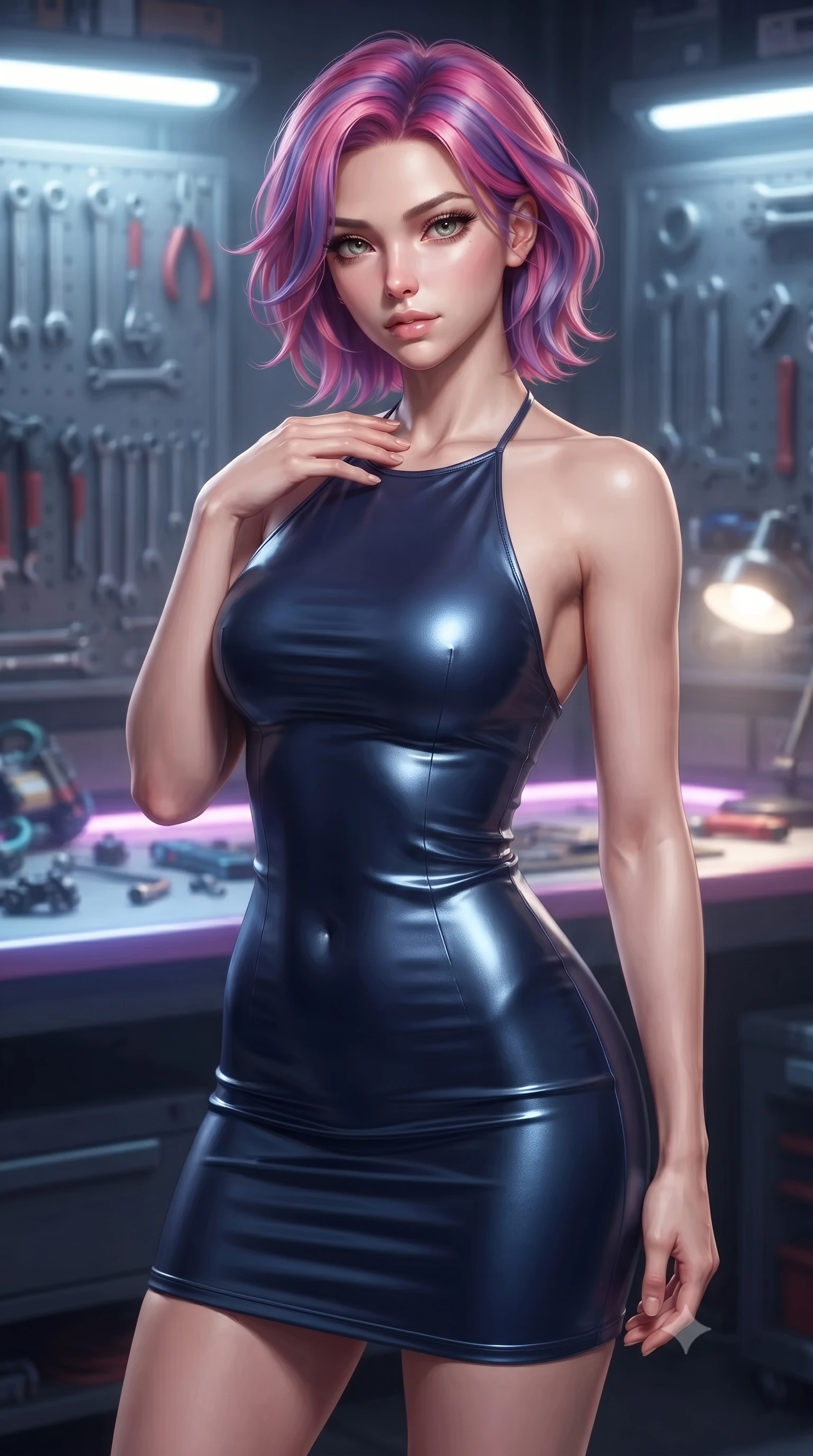 score_9, masterpiece, best quality, ultra-detailed, high-budget anime keyframe, editorial fashion photography, tasteful artistic composition, Caucasian woman. close-up cowboy shot from the waist and thighs up, the character dominates the composition, filling the frame with her large presence, background elements kept in soft focus. standing with one hand resting on her collarbone, looking at the viewer with bedroom-eyes the background shows a soft-focus a futuristic workshop with tool racks, cyber-wear parts, and a neon workbench. She has an exceptionally elegant, slender, and willowy female figure with an ultra-slim waist, a gracefully sculpted slender torso, and a refined silhouette. sharp v-shaped jawline, high-bridge nose, intricate jewel-like eyes with depth, thick eyelashes, glossy lips with a natural sheen. wearing a slim-fit form-fitting halter dress in deep navy blue, contouring her athletic, slender build. bright workbench spotlights casting clear, detailed front lighting and soft back shadow. ultra-reflective glossy finish, specular highlights, metallic sheen, high-contrast stereoscopic depth, volumetric dynamic lighting, 2k, ultra detail, master piece, 9:16 ratio