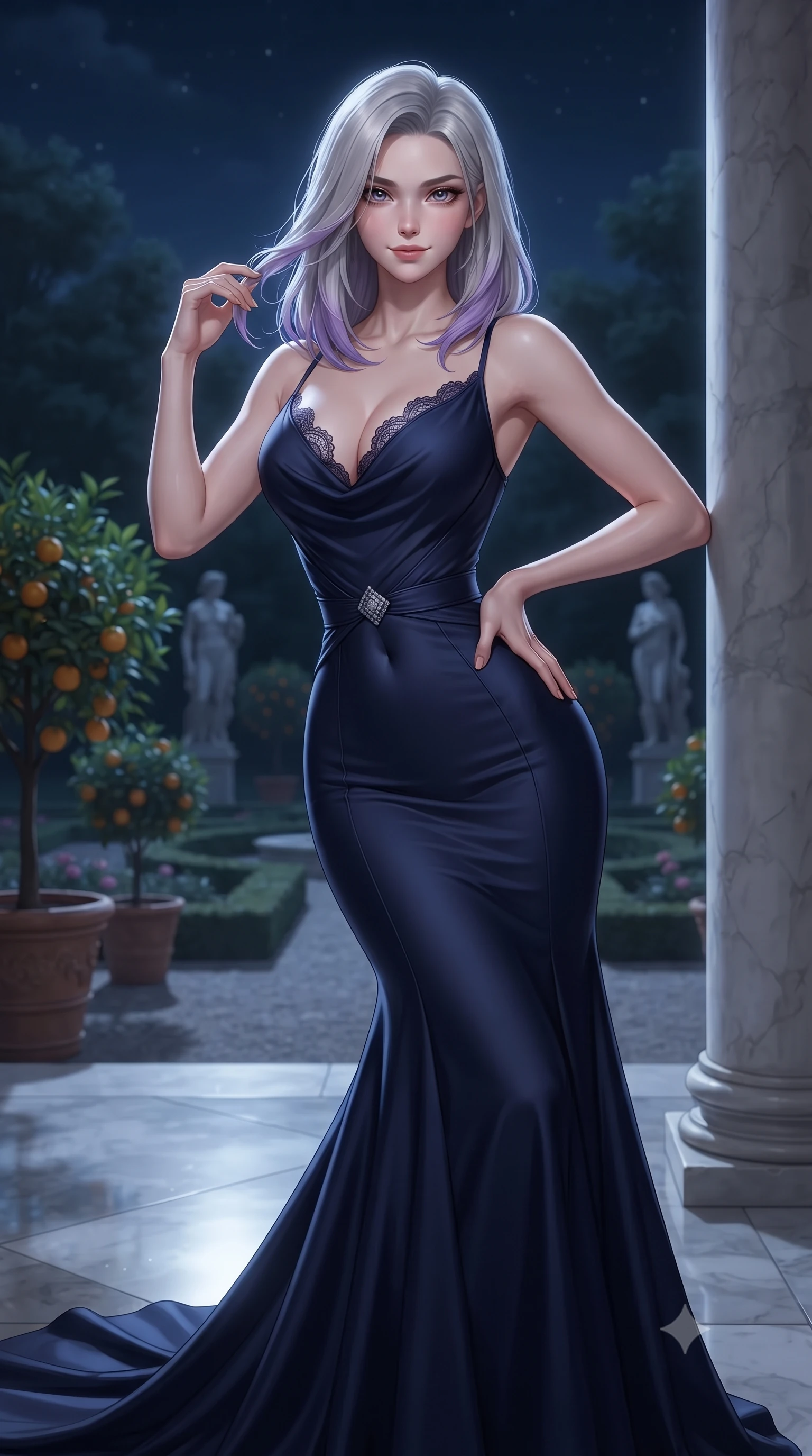 score_9, masterpiece, best quality, ultra-detailed, high-budget anime keyframe, editorial fashion photography, tasteful artistic composition, Caucasian woman. close-up cowboy shot from the waist and thighs up, the character dominates the composition, filling the frame with her large presence. twisting her slender torso in an alluring contrapposto stance, one hand resting on her sculpted hip while her fingers toy with her hair with effortless poise while leaning against the classical limestone column with hips cocked back, looking out into the moonlit baroque rose parterre with smoldering eyes. The background shows a soft-focus potted citrus trees and classical statues softened in nocturnal imperial garden shallow focus. She has an exceptionally elegant, slender, and willowy female figure with an ultra-slim waist, flat toned midriff, narrow ribcage, and sculpted feminine hips creating an alluring, slim hourglass silhouette without bulk. sharp v-shaped jawline, high-bridge nose, sparkling eyes with hypnotic seductive depth, thick curled eyelashes, glossy parted lips with a natural dewy peach sheen, alluring bedroom-eyes with an enchanting coquettish smile, exuding magnetic siren charisma and sophisticated glamour, flawlessly proportioned anatomical accuracy, strict slender model proportions, natural body alignment, perfectly sculpted long slender limbs, ultra-slim waistline, clean dynamic posture without body distortion. wearing a plunging cowl-neck liquid silk evening gown with dramatic train and diamond-accented waist cinch in Austrian opera midnight indigo and antique brass, tailored from fine structural neoprene with crisp architectural edges and smooth contouring, finished with scalloped eyelash lace trim framing her sweetheart neckline with intimate elegance, the liquid-tight tailored fabric clinging flawlessly to her narrow waist and rounded feminine hips, emphasizing every millimeter of her sculpted slim hourglass curves without any bulky heaviness. illuminated by polished stone floor reflection bounce and sharp platinum rim lights defining her razor-sharp jawline, narrow waist, and curvy hips. ultra-reflective glossy finish, specular highlights, rich textural contrasts, high-contrast stereoscopic depth, volumetric dynamic lighting, 2k, ultra detail, master piece, 9:16 ratio