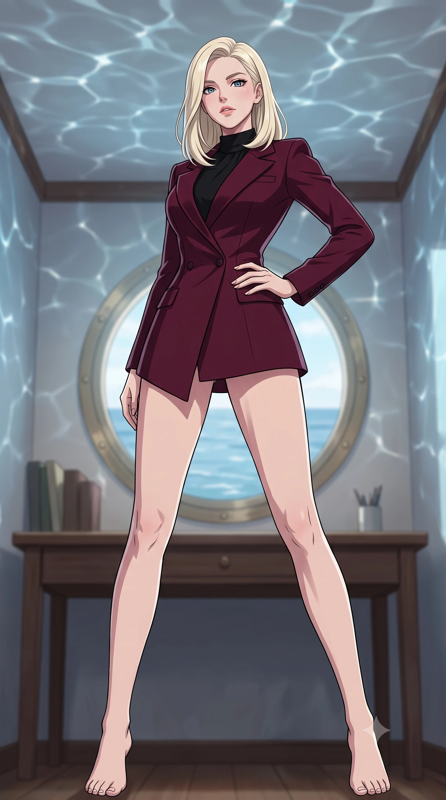 score_9, masterpiece, best quality, ultra-detailed, high-budget anime keyframe, tasteful artistic composition, Caucasian woman. low angle full-body shot from head to toe showing her feet, filling the entire 9:16 vertical frame with her statuesque presence, stretching her vertical silhouette. posing confidently with one hand on her hip, stretching her statuesque body to emphasize her curves the background shows a soft-focus a quiet writing desk in a seaside cottage, facing a round portlight window looking at the sea. She has an absolutely perfect, statuesque 8.5-heads proportion, an exceptionally tall and slender model-like female figure with impossibly long slender legs and an ultra-slim waist. sharp v-shaped jawline, high-bridge nose, intricate jewel-like eyes with depth, thick eyelashes, glossy lips with a natural sheen. wearing a slim-fit tailored asymmetric jacket in deep burgundy wool with a high wrap collar, over a black silk mock-neck blouse. shimmering sunbeams reflecting from the moving water surface onto the ceiling. highly saturated vibrant anime colors, cel-shading, 2d style, master piece, 9:16 ratio