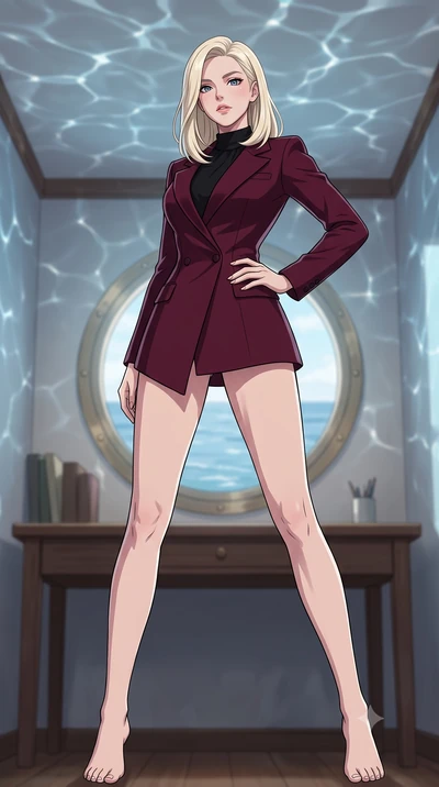 score_9, masterpiece, best quality, ultra-detailed, high-budget anime keyframe, tasteful artistic composition, Caucasian woman. low angle full-body shot from head to toe showing her feet, filling the entire 9:16 vertical frame with her statuesque pre