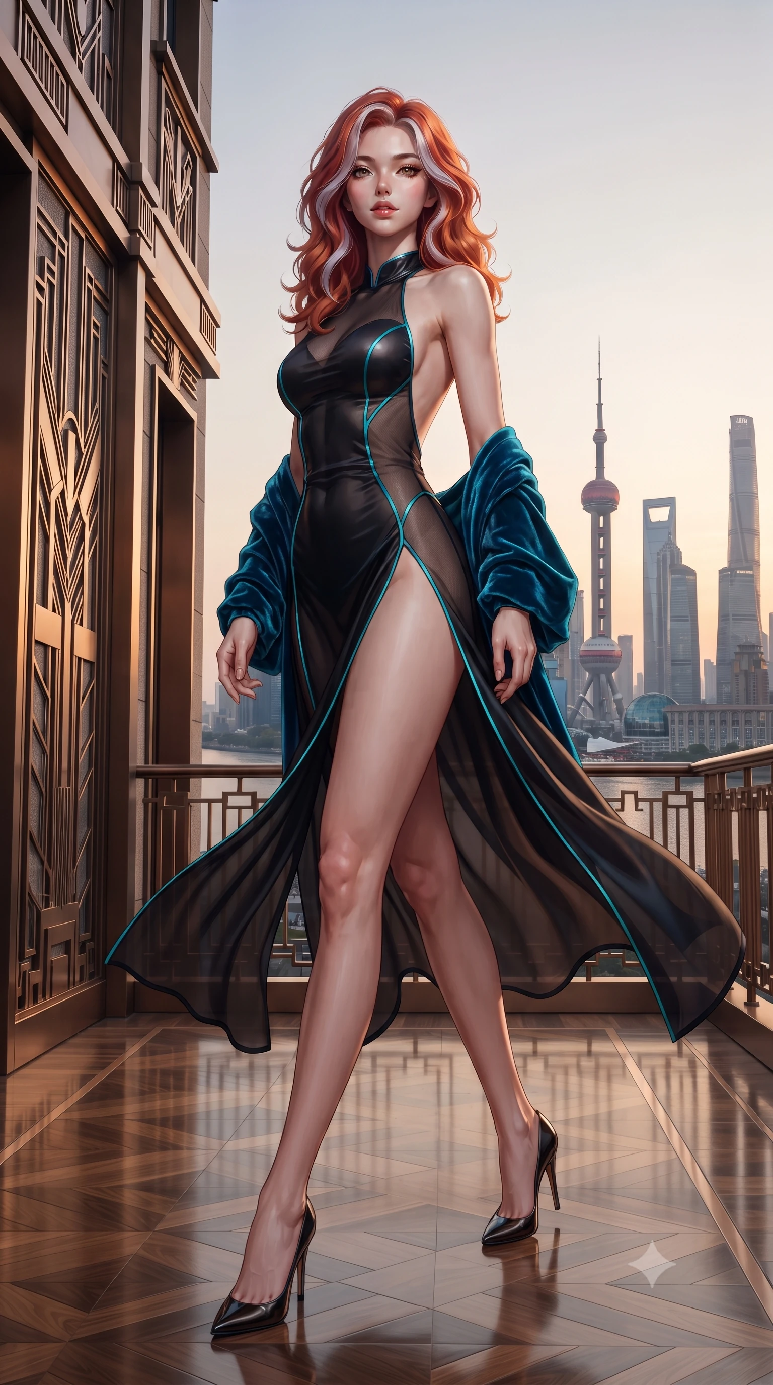 score_9, masterpiece, best quality, ultra-detailed, high-budget anime keyframe, editorial fashion photography, tasteful artistic composition, Caucasian woman. low angle full-body shot from head to toe showing her feet, filling the entire 9:16 vertical frame with her statuesque presence, stretching her vertical silhouette. reclining on her side in an elegant Cleopatra pose with one knee drawn up, the dramatic contour of her rounded hips and long slender legs commanding the 9:16 vertical frame while striding across the penthouse balcony as river breezes whip her high-slit dress open, accentuating her long slender legs and curvy hips. The surrounding environment is rendered in vivid detail and crisp panoramic clarity. sharp art deco geometric bronze moldings, polished parquet flooring, and stone balustrade in deep focus. She has an exceptionally tall and slender model-like 8.5-heads proportion, an ultra-slim waist, a flat toned midriff, narrow delicate ribcage, and beautifully sculpted feminine hips creating a graceful, slim hourglass silhouette without any bulky heaviness, with impossibly long slender legs. sharp v-shaped jawline, high-bridge nose, intricate jewel-like eyes with depth, thick eyelashes, glossy parted lips with a natural sheen, intensely captivating and seductive bedroom-eyes expression, flawlessly proportioned anatomical accuracy, strict slender model proportions, natural body alignment, perfectly sculpted long slender limbs, ultra-slim waistline, clean dynamic posture without body distortion. wearing a second-skin compression catsuit with an open back and sheer mesh side waist contouring in neon electric cyan and lacquer black, tailored from smooth liquid silk satin adhering seamlessly to her skin, complemented by a plush velvet shawl draped loosely over her elbows, the liquid-tight tailored fabric clinging flawlessly to her narrow waist and rounded feminine hips, emphasizing every millimeter of her sculpted slim hourglass curves without any bulky heaviness. surrounded by a sovereign, enigmatic, and breathlessly seductive Shanghai heiress aura. ultra-reflective glossy finish, specular highlights, rich textural contrasts, high-contrast stereoscopic depth, volumetric dynamic lighting, 2k, ultra detail, master piece, 9:16 ratio