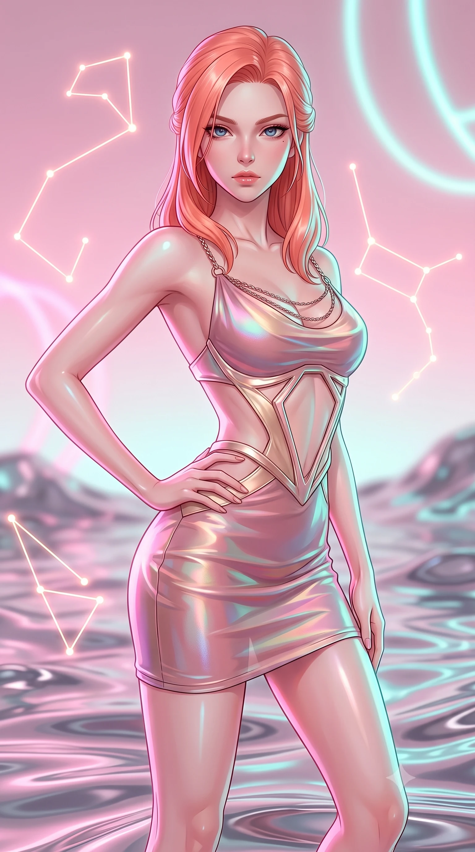 score_9, masterpiece, best quality, ultra-detailed, high-budget anime keyframe, editorial fashion photography, tasteful artistic composition, Japanese woman. close-up cowboy shot from the waist and thighs up, the character dominates the composition, filling the frame with her large presence, background elements kept in soft focus. Holding a powerful dynamic pose with one hand on her hip and body angled dramatically toward the key light while pivoting her torso in an S-curve alignment on a reflective liquid mercury reef, glowing neon constellation lines floating in the air with vintage elegancy. She has an exceptionally elegant, slender, and willowy female figure with an ultra-slim waist, a gracefully sculpted slender torso, and a refined silhouette. sharp v-shaped jawline, high-bridge nose, intricate jewel-like eyes with depth, thick eyelashes, glossy lips with a natural sheen, flawlessly proportioned anatomical accuracy, natural body alignment, perfectly sculpted elegant limbs, clean dynamic posture without body distortion. wearing a dramatic open-waist cutout mini dress framed by sculptural hardware in dusty rose and champagne gold, crafted from iridescent chiffon that shifts colors in the light, adorned with delicate metallic chain straps along the neckline, the form-contouring material highlighting her ultra-slim waist and long lines. bathed in soft pastel pink and turquoise neon glow with glossy chrome reflections. highly saturated vibrant anime colors, detailed shading with soft gradients, rich glossy textures, high-contrast stereoscopic depth, volumetric dynamic lighting, master piece, 9:16 ratio