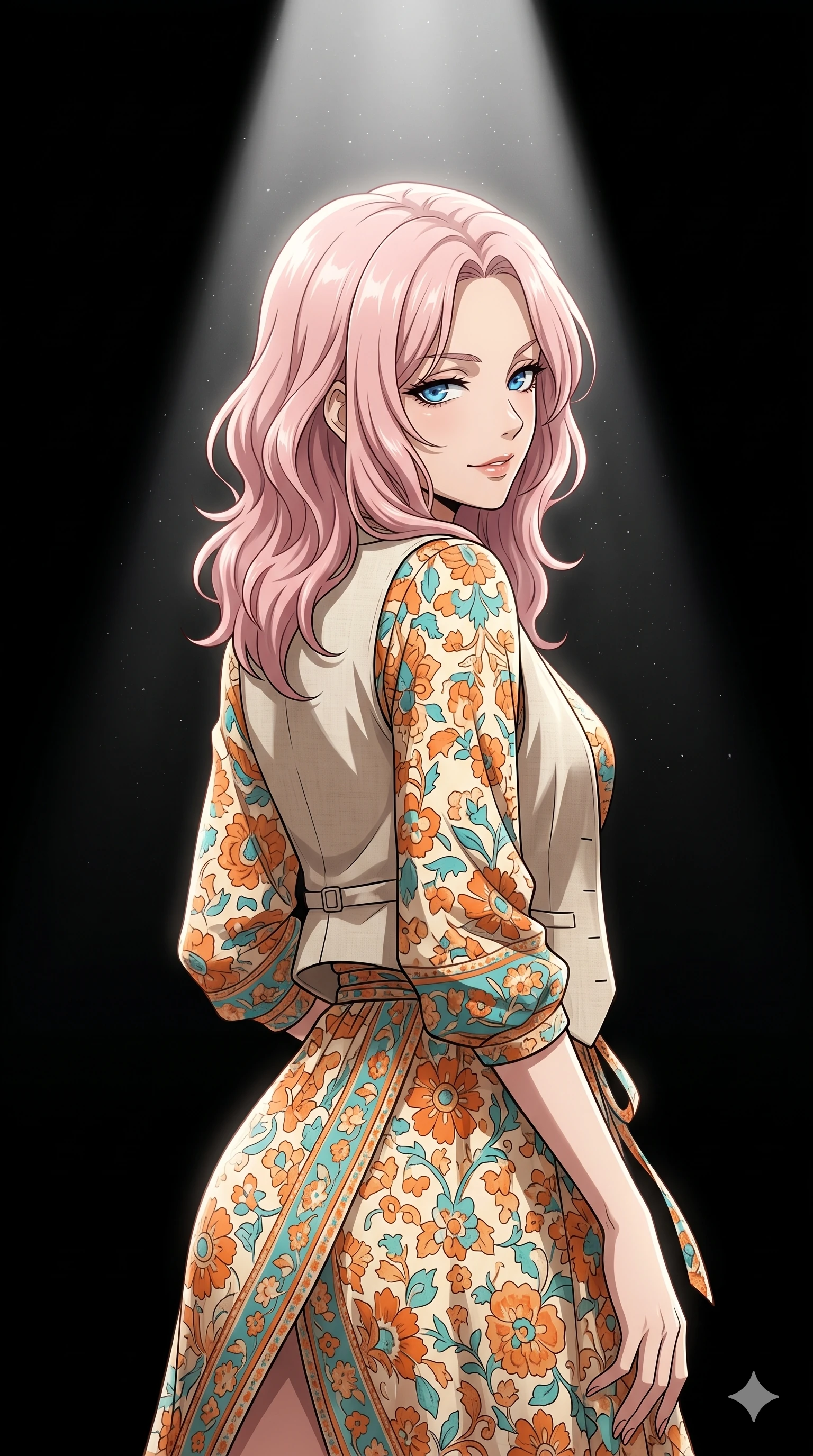score_9, masterpiece, best quality, ultra-detailed, high-budget anime keyframe, editorial fashion photography, tasteful artistic composition, Japanese woman. close-up cowboy shot from the waist and thighs up, the character dominates the composition, filling the frame with her large presence, background elements kept in soft focus. Glancing sidelong over her shoulder with a smoldering half-smile. set against a soft-focus background of a pure dramatic infinite black void with nothing but a single powerful cinematic spotlight creating a perfect cone of light and stark absolute contrast between illumination and total darkness. She has an exceptionally elegant and slender, willowy female figure with an ultra-slim waist, a gracefully sculpted slender torso, and a refined slim physique. sharp v-shaped jawline, high-bridge nose, intricate jewel-like eyes with depth, thick eyelashes, glossy lips with a natural sheen. wearing a bohemian wrap dress in a sun-drenched floral pattern of orange, turquoise, and cream, layered with a light beige linen vest. a single intense white spotlight from directly above creating dramatic fall-off into complete darkness with sharp-edged light cone and volumetric dust particles visible in the beam. 2k, ultra detail, master piece, 9:16 ratio