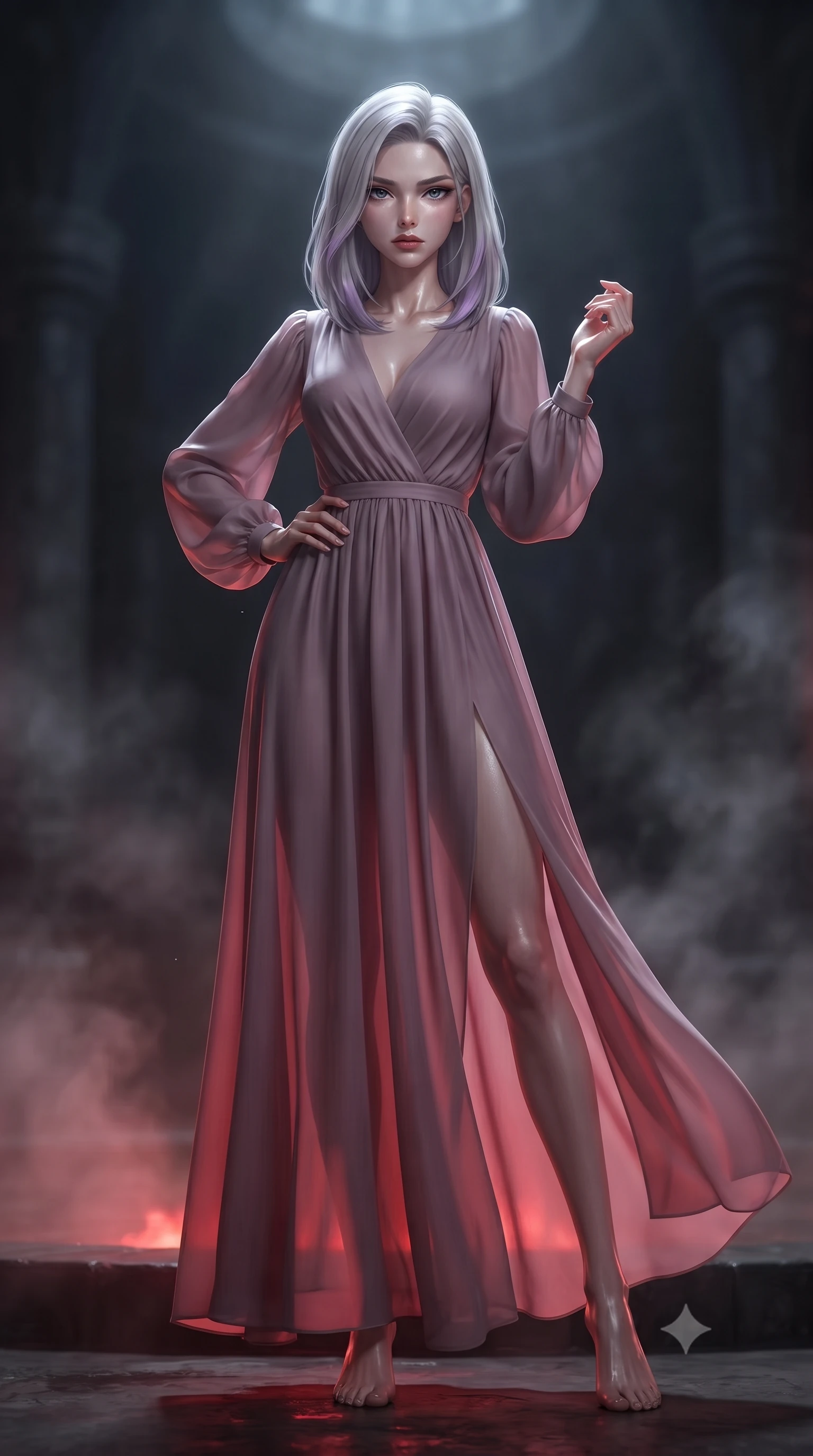 score_9, masterpiece, best quality, ultra-detailed, high-budget anime keyframe, editorial fashion photography, tasteful artistic composition, Caucasian woman woman. low angle full-body shot from head to toe showing her feet, filling the entire 9:16 vertical frame with her statuesque presence, stretching her vertical silhouette. She has an absolutely perfect, statuesque 8.5-heads proportion, an exceptionally tall and slender model-like female figure with impossibly long slender legs and an ultra-slim waist. standing victorious in a commanding statuesque pose, filling the frame with her slender presence, flawlessly proportioned anatomical accuracy, natural body alignment, perfectly sculpted elegant limbs, clean dynamic posture without body distortion. set against a soft-focus background of a dark basalt thermal bath chamber with rising mineral steam. wearing a serene dusty mauve chiffon maxi dress with long bishop sleeves. bathed in warm crimson furnace glow from below contrasting with cool top ambient light. ultra-reflective glossy finish, specular highlights, metallic sheen, high-contrast stereoscopic depth, volumetric dynamic lighting, 2k, ultra detail, master piece, 9:16 ratio