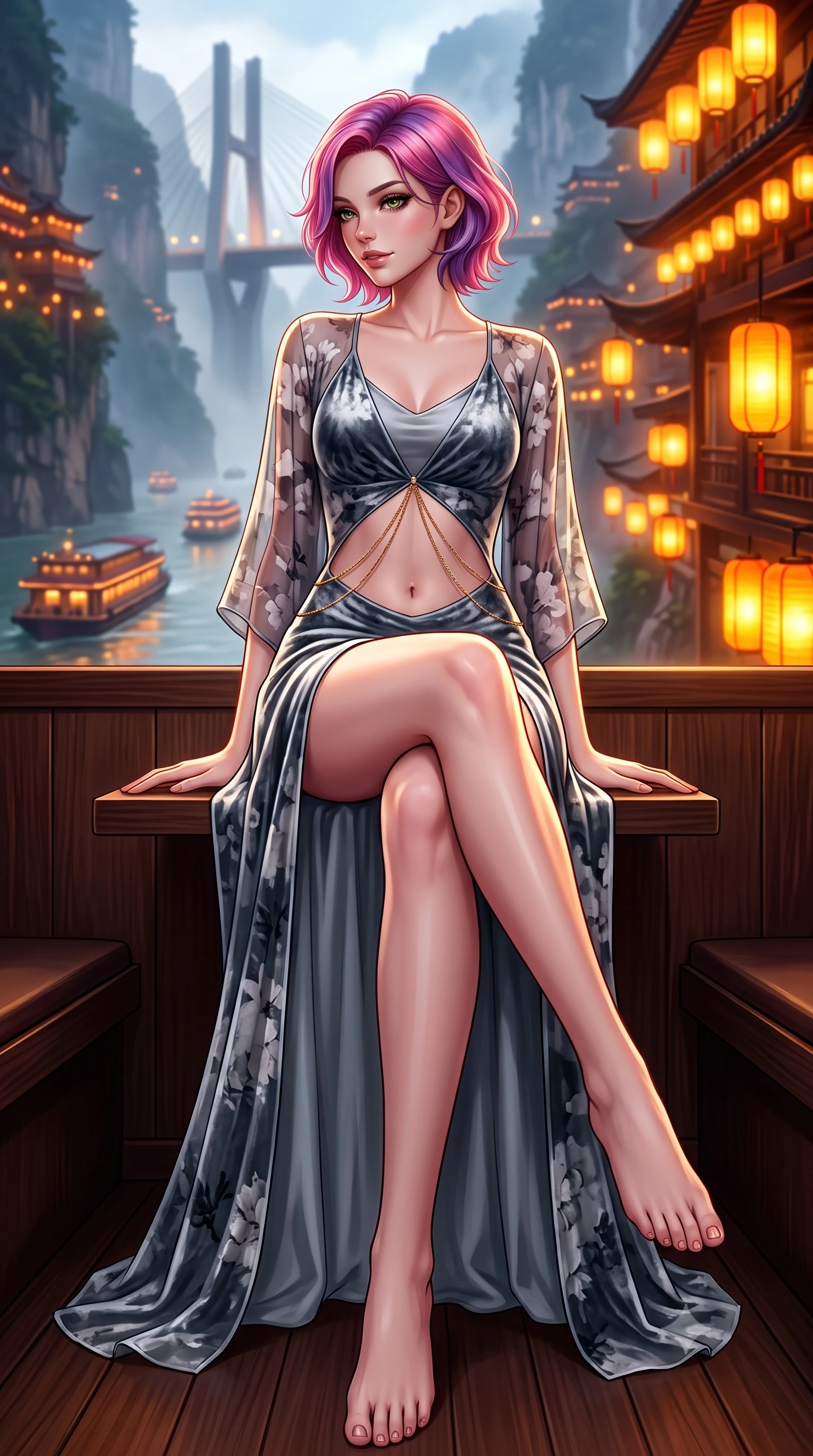 score_9, masterpiece, best quality, ultra-detailed, high-budget anime keyframe, semi-realistic 3D game render, editorial fashion photography, tasteful artistic composition, Caucasian woman. low angle full-body shot from head to toe showing her feet, filling the entire 9:16 vertical frame with her statuesque presence, stretching her vertical silhouette. walking slowly through the bamboo pathway, looking back over her shoulder with an air of effortless oriental grace and an alluring, smoldering smile while lounging in a private tea lounge booth with legs crossed, her high-slit silk dress commanding the futuristic Spirited-Away-style cliffside view. The background shows a soft-focus passing illuminated river cruise ships and misty bridge towers softened in dramatic mountain-city shallow focus. She has an absolutely perfect, statuesque 8.5-heads proportion, an exceptionally tall and slender model-like female figure with impossibly long slender legs, an ultra-slim waist, a flat toned midriff, narrow delicate ribcage, and beautifully sculpted feminine hips creating a graceful, slim hourglass silhouette without any bulky heaviness. sharp v-shaped jawline, high-bridge nose, intricate jewel-like dark sparkling almond eyes with depth, thick lashes, glossy parted lips with a natural rose-plum sheen, bright alluring and coquettish smile with bedroom-eyes, exuding both timeless oriental elegance and sovereign high-fashion allure, flawlessly proportioned anatomical accuracy, strict slender model proportions, natural body alignment, perfectly sculpted long slender limbs, ultra-slim waistline, clean dynamic posture without body distortion. wearing a delicate semi-sheer floral chiffon kaftan slip dress layered over a matching silk slip, accentuating her slender waist and hips in misty ink-wash slate grey and liquid silver, crafted from sumptuous crushed winter velvet with deep light-absorbing plushness, accented with a delicate gold body chain draping loosely across her flat midriff, the glove-like silhouette tightly following the natural contour of her hips and long slender legs with youthful 8.5-heads elegance. bathed in intense blazing golden and amber lantern illumination echoing from hundreds of eaves. highly saturated vibrant anime colors, detailed shading with soft gradients, rich glossy textures, high-contrast stereoscopic depth, volumetric dynamic lighting, master piece, 9:16 ratio