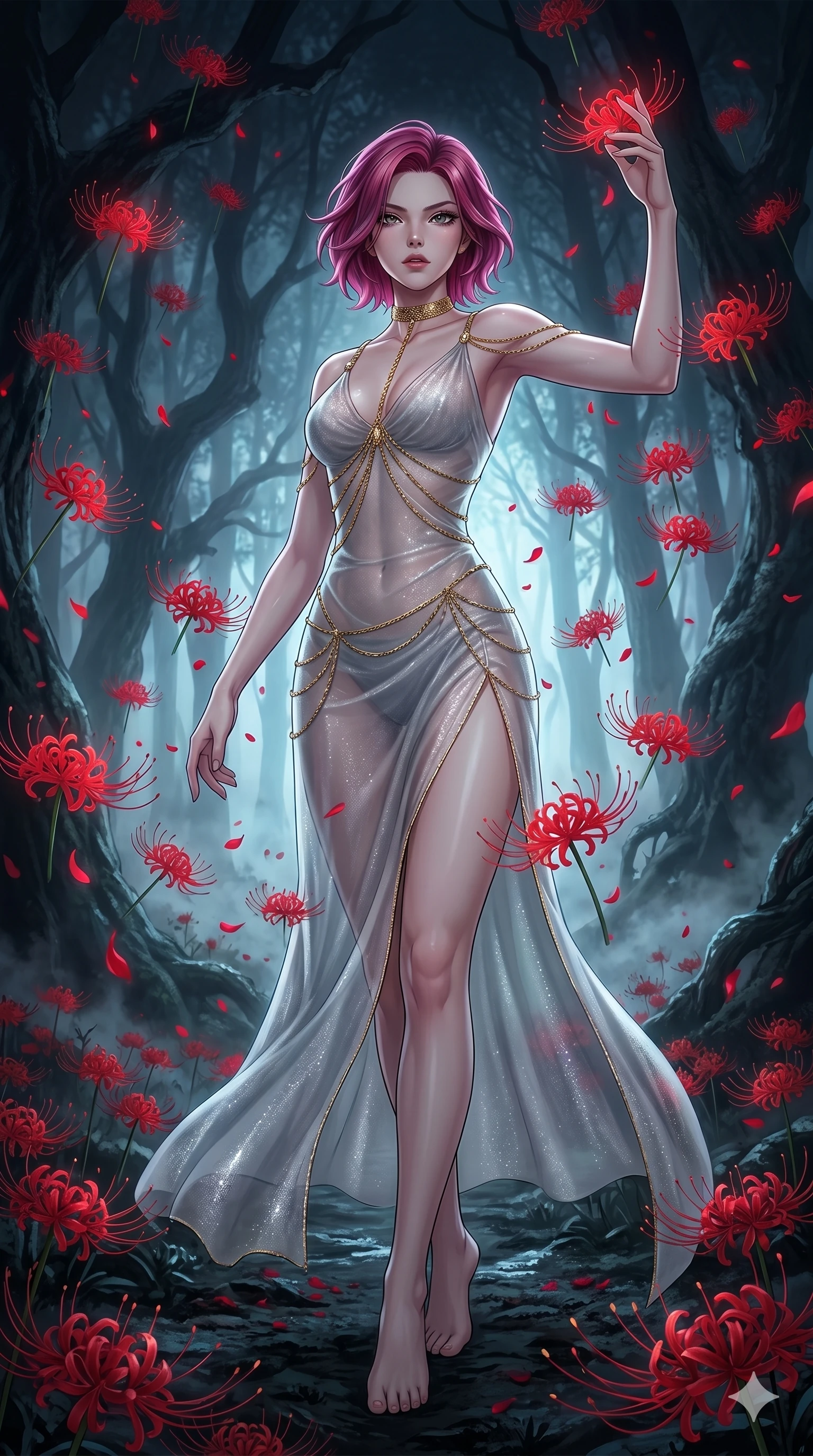 score_9, masterpiece, best quality, ultra-detailed, High-budget Anime Keyframe, East Asian woman. Low angle cowboy shot filling the entire 9:16 frame with her statuesque presence. Scenario 255: Dancing amidst falling red spider lilies in a misty dark forest. Her presence is magnetic and overpowering in this high-budget anime scene. Outfit 255: A shimmering chiffon bare with a thigh-high slit and fine gold chains. The clothing is designed to emphasize her exceptionally tall and slender 8-heads proportion. 8-heads proportion, towering silhouette, ultra-slim waist. sharp v-shaped jawline, intricate jewel-like eyes with depth, thick eyelashes, glossy lips. 2k, ultra detail, master piece, 9:16 ratio