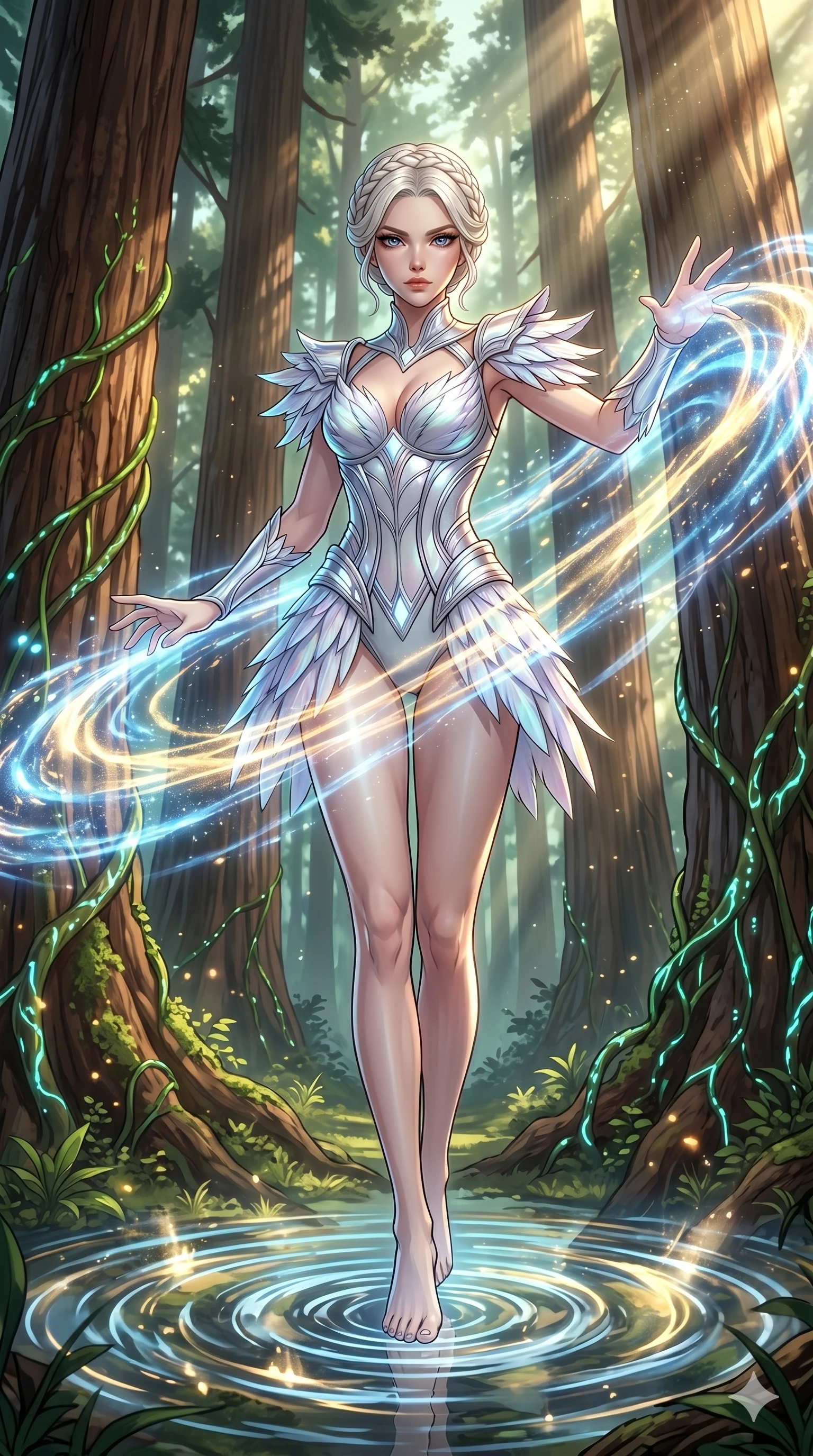 score_9, masterpiece, best quality, ultra-detailed, Set A: High-budget Anime Keyframe, Caucasian (human ears) woman. Low angle cowboy shot filling the entire 9:16 frame with her statuesque presence. Theme: Primal Nature. unleashing a massive energy wave in a giant redwood forest with glowing vines, as she steps on ripples of time that distort the space 1. The atmosphere is filled with cinematic sunlight through leaves. She has an absolutely perfect 8-heads proportion, an exceptionally tall and slender female figure with impossibly long slender legs and an ultra-slim waist. Sharp v-shaped jawline, high-bridge nose, intricate jewel-like eyes with depth, glossy lips. Wearing Elegant swan-inspired tech-outfit with white feathers and glowing silver accents. Cinematic lighting, vivid colors, dramatic shadows, 2k, ultra detail, master piece, 9:16 ratio