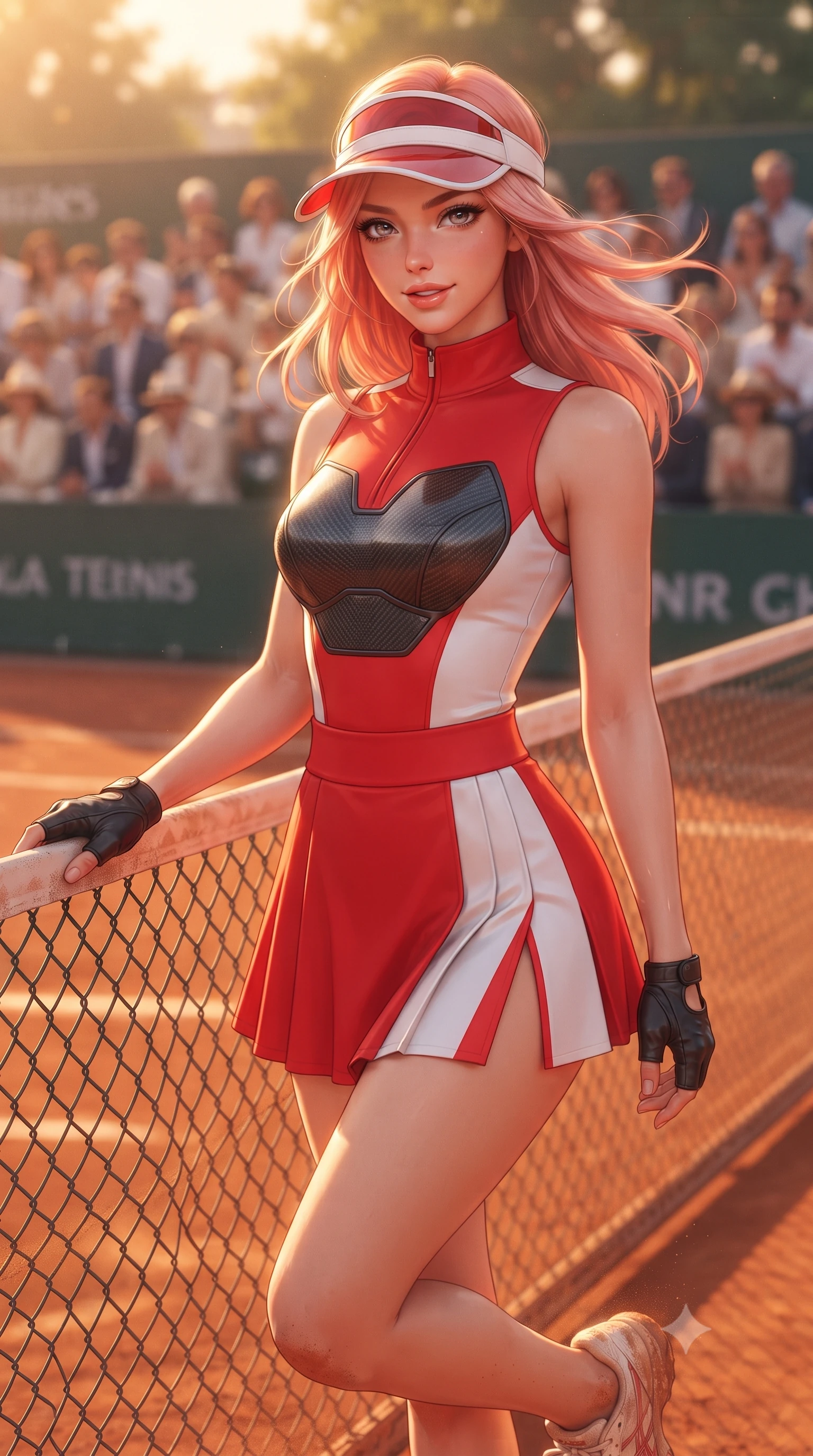score_9, masterpiece, best quality, ultra-detailed, high-budget anime keyframe, editorial fashion photography, tasteful artistic composition, Japanese woman. close-up cowboy shot from the waist and thighs up, the character dominates the composition, filling the frame with her large presence. turning slowly with a smoldering smile, her glossy hair tossing in the breeze as her hips angle gracefully in a captivating contrapposto while leaning against the clay-dusted court fence with hips cocked back, looking into the lens with an enchanting, confident tennis smile. The background shows a soft-focus chic French spectators and tournament banners softened in romantic Parisian tennis shallow focus. She has an exceptionally elegant, slender, and willowy female figure with an ultra-slim waist, flat toned midriff, narrow ribcage, and sculpted feminine hips creating an alluring, slim hourglass silhouette without bulk. sharp v-shaped jawline, high-bridge nose, sparkling eyes with athletic focus and depth, thick curled eyelashes, glossy parted lips with a natural coral-peach sheen, bright confident and coquettish smile with alluring bedroom-eyes, exuding both youthful sporty vigor and sovereign high-society glamour, flawlessly proportioned anatomical accuracy, strict slender model proportions, natural body alignment, perfectly sculpted long slender limbs, ultra-slim waistline, clean dynamic posture without body distortion. wearing a sleeveless high-collar racing bodysuit with carbon-fiber chestplate accents and a pleated wrap tennis skirt with side hip slit in Scuderia racing red and pure alabaster white, made of smooth liquid-tight stretch jersey emphasizing every curve of her body, accented with a sporty retro tennis visor and fingerless leather driving gloves, the high-waisted wrap tailoring accentuating her ultra-slim waistline and the enchanting curve of her feminine hips with alluring sporty charm. bathed in glowing late-afternoon Paris golden hour light warming the orange clay surfaces. ultra-reflective glossy finish, specular highlights, rich textural contrasts, high-contrast stereoscopic depth, volumetric dynamic lighting, 2k, ultra detail, master piece, 9:16 ratio