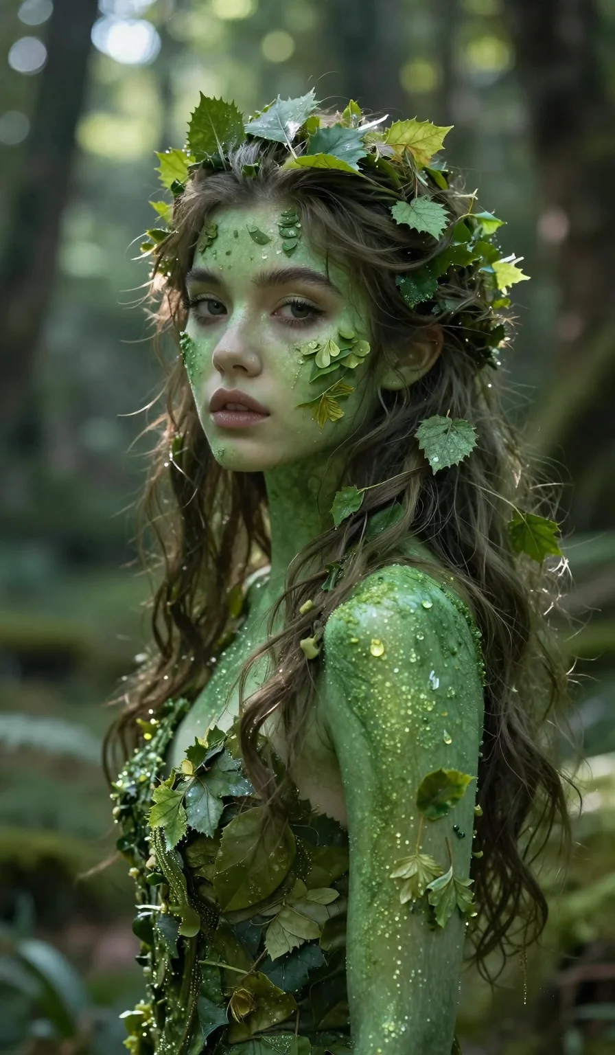 (masterpiece:1.2), best quality, highres, (1girl:1.3), breathtaking portrait, (shimmering green skin:1.1), leaf-like hair, forest spirit, dappled sunlight, magical forest background, 2k, ultra detail, 9:16 ratio