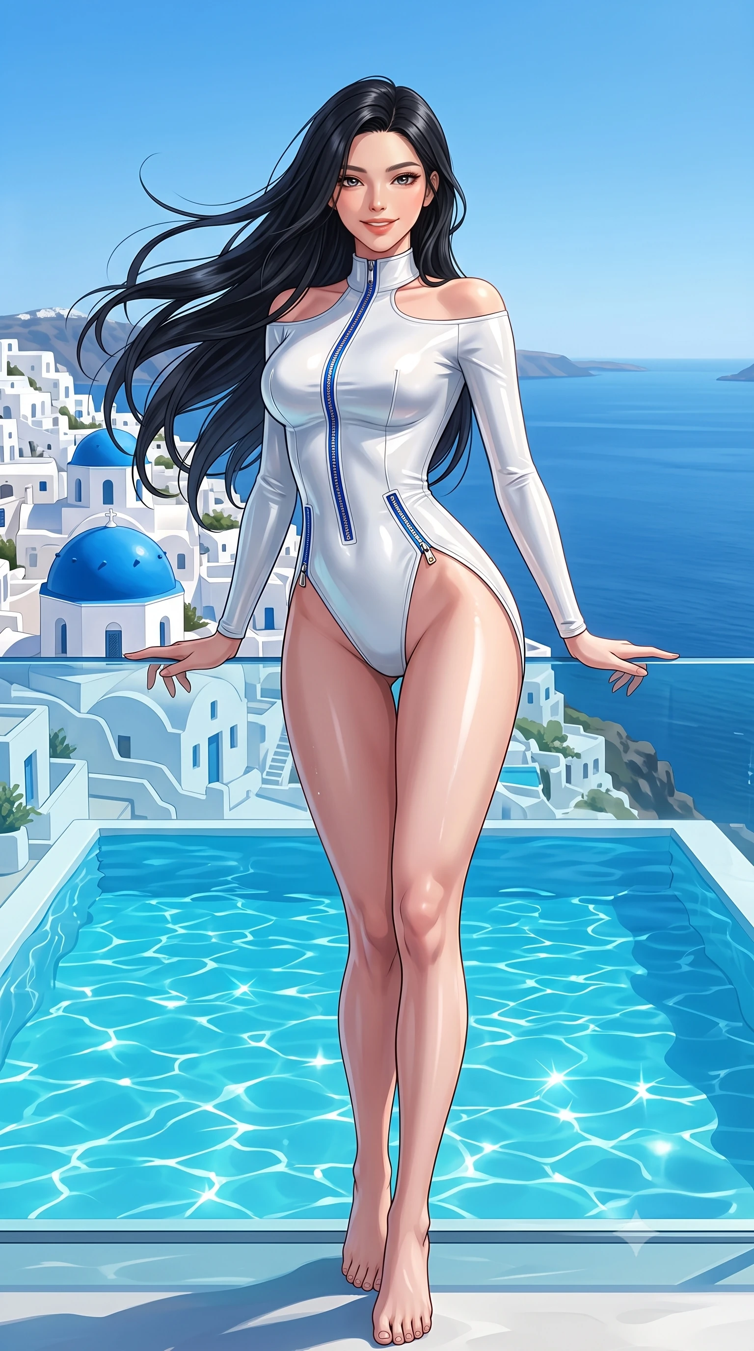 score_9, masterpiece, best quality, ultra-detailed, high-budget anime keyframe, semi-realistic 3D game render, editorial fashion photography, tasteful artistic composition, Korean woman. low angle full-body shot from head to toe showing her feet, filling the entire 9:16 vertical frame with her statuesque presence, stretching her vertical silhouette. pivoting dynamically in mid-motion with a breathtakingly alluring posture, displaying her flawless model proportions and ultra-slim waist while resting her elbows on the infinity pool edge with an alluring, sun-kissed smile looking directly into the lens. The surrounding environment is rendered in vivid detail and crisp panoramic clarity. crisp white Greek caldera architecture, turquoise water caustics, and endless azure sea horizon in deep focus. She has an absolutely perfect, statuesque 8.5-heads proportion, an exceptionally tall and slender model-like female figure with impossibly long slender legs, a toned flat midriff, and an ultra-slim waist. sharp v-shaped jawline, high-bridge nose, intricate jewel-like eyes with depth, thick eyelashes, glossy lips with a natural sheen, flawlessly proportioned anatomical accuracy, strict slender model proportions, natural body alignment, perfectly sculpted long slender limbs, ultra-slim waistline, clean dynamic posture without body distortion. wearing a glossy white second-skin latex bodysuit with high-thigh cuts, exposed clavicle neckline, and gleaming zipper details in liquid electric cobalt blue and polished silver, made of liquid metal jersey that clings flawlessly to every contour of her build, finished with an ultra-high side slit secured by miniature magnetic clasps, the form-contouring material adhering flawlessly to her sculpted flat midriff and slender torso, emphasizing her long leg lines and perfectly proportioned willowy build. surrounded by a bright, luxurious, and intensely alluring sun-drenched resort atmosphere. highly saturated vibrant anime colors, detailed shading with soft gradients, rich glossy textures, high-contrast stereoscopic depth, volumetric dynamic lighting, master piece, 9:16 ratio