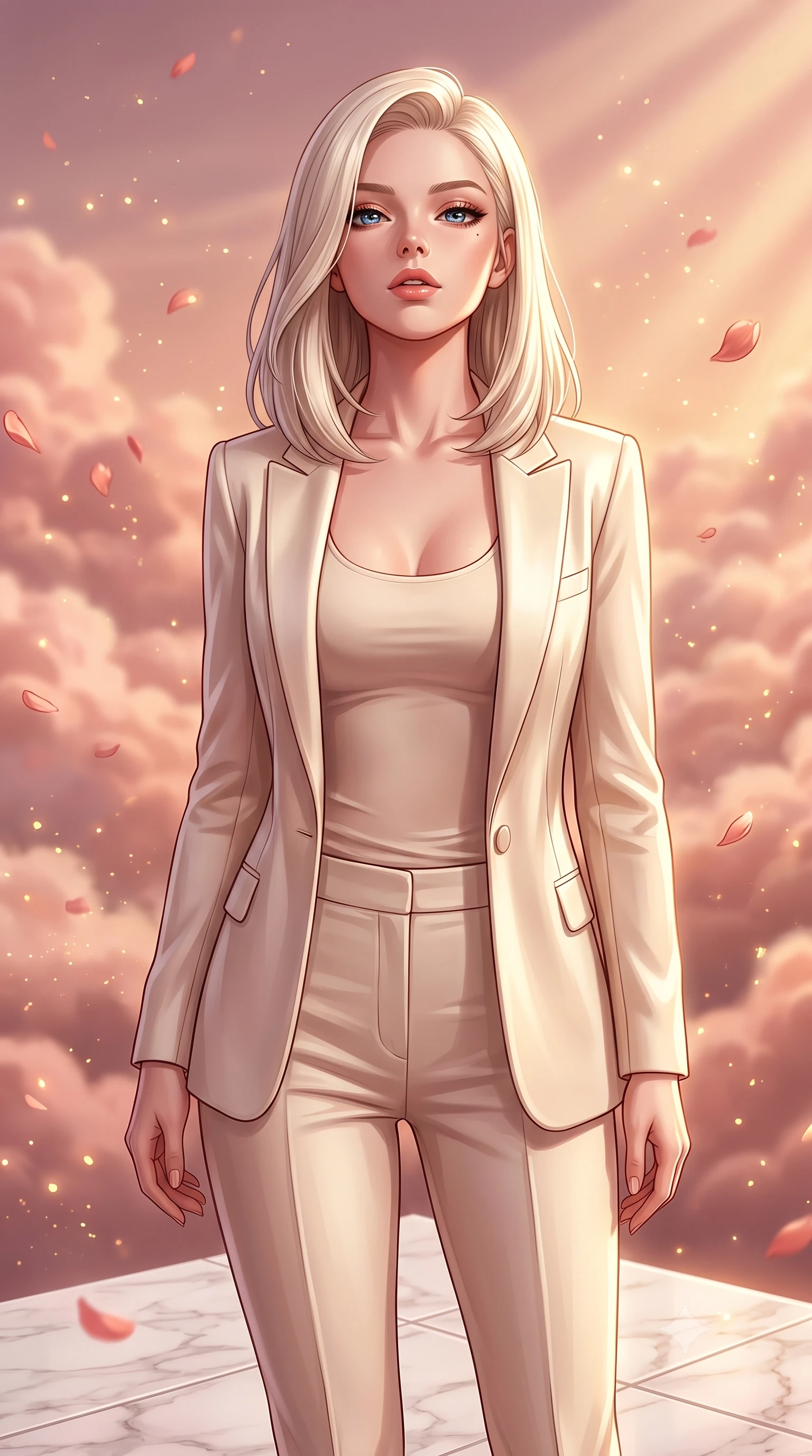score_9, masterpiece, best quality, ultra-detailed, high-budget anime keyframe, editorial fashion photography, tasteful artistic composition, Caucasian woman. close-up cowboy shot from the waist and thighs up, the character dominates the composition, filling the frame with her large presence, background elements kept in soft focus. Tilting her chin up slightly with lips parted in a magnetic, composed expression standing on a floating white marble terrace above a sea of rose-gold clouds, floating rose petals and golden dust motes sparkling in the air. She has an exceptionally elegant, slender, and willowy female figure with an ultra-slim waist, a gracefully sculpted slender torso, and a refined silhouette. sharp v-shaped jawline, high-bridge nose, intricate jewel-like eyes with depth, thick eyelashes, glossy lips with a natural sheen. wearing a tailored cream silk blazer over a form-contouring scoop-neck top and fitted trousers, the elegant draped fit framing her graceful clavicle and slender torso. bathed in glorious golden hour sunbeams and warm rose-gold ambient light. highly saturated vibrant anime colors, detailed shading with soft gradients, rich glossy textures, high-contrast stereoscopic depth, volumetric dynamic lighting, master piece, 9:16 ratio