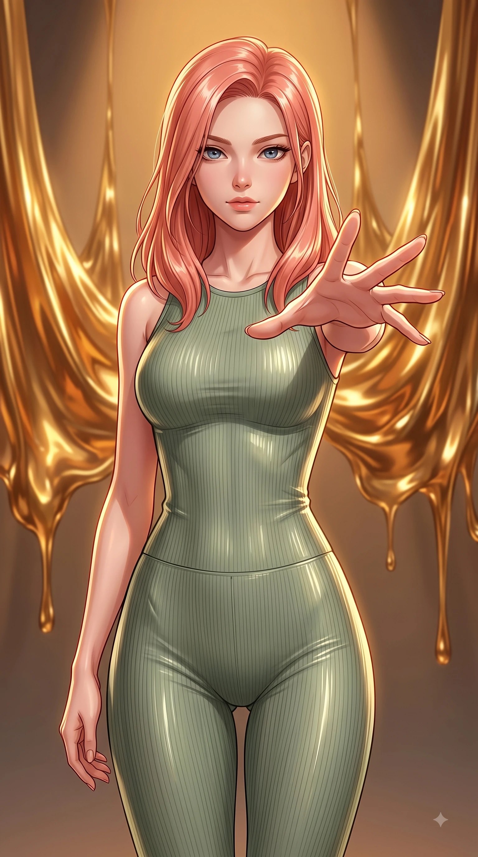 score_9, masterpiece, best quality, ultra-detailed, high-budget anime keyframe, editorial fashion photography, tasteful artistic composition, Japanese woman woman. close-up cowboy shot from the waist and thighs up, the character dominates the composition, filling the frame with her large presence, background elements kept in soft focus. She has an exceptionally elegant, slender, and willowy female figure with an ultra-slim waist, a gracefully sculpted slender torso, and a refined silhouette. reaching one hand toward the viewer with relaxed elegance, her gaze holding quiet authority, flawlessly proportioned anatomical accuracy, natural body alignment, perfectly sculpted elegant limbs, clean dynamic posture without body distortion. set against a soft-focus background of an avant-garde art studio with suspended liquid gold drapes. wearing a tight-fitting sage green ribbed activewear set with a body-hugging silhouette. bathed in warm amber spotlighting creating metallic specular highlights on her form. highly saturated vibrant anime colors, detailed shading with soft gradients, rich glossy textures, high-contrast stereoscopic depth, volumetric dynamic lighting, master piece, 9:16 ratio