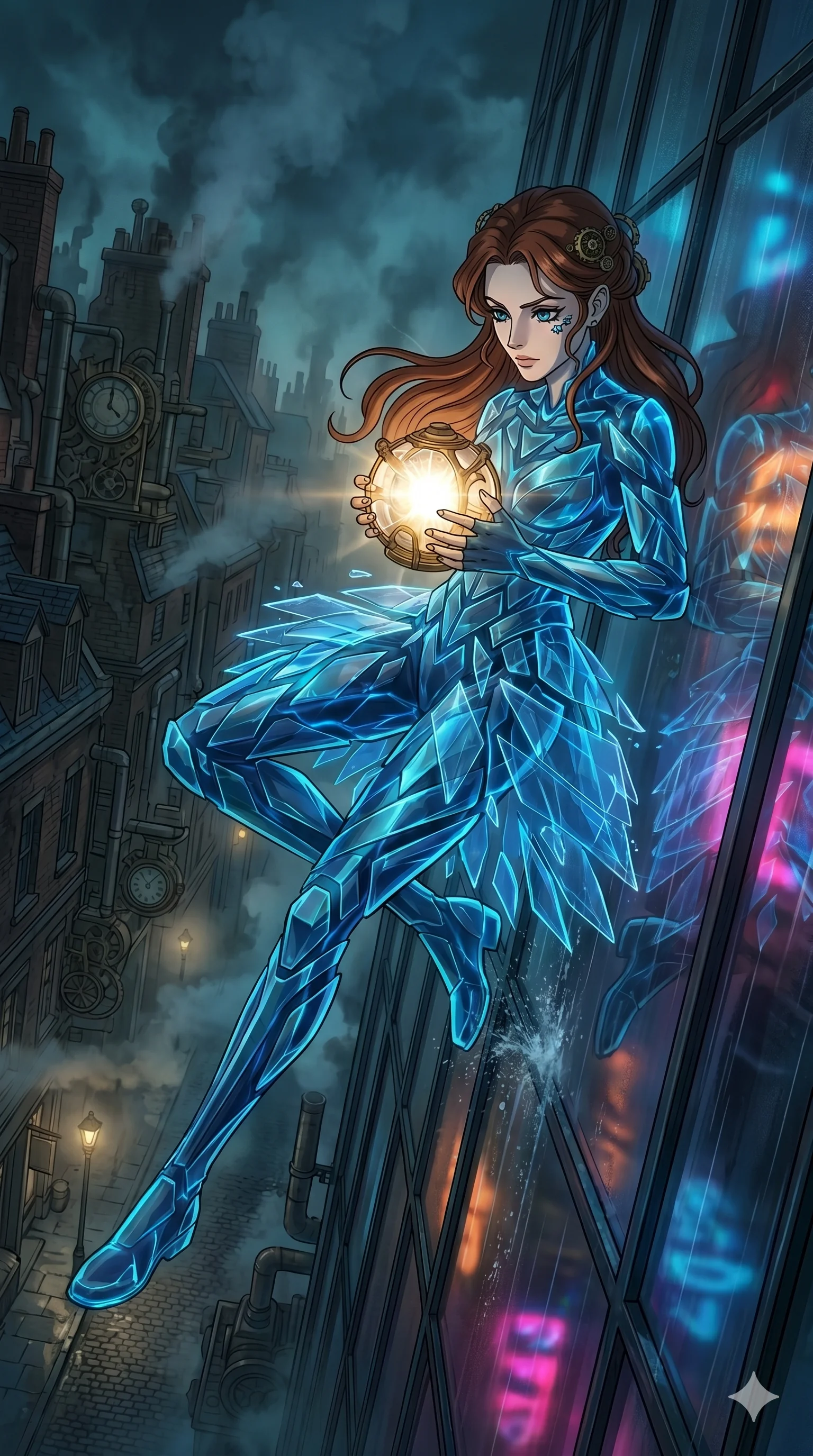 score_9, masterpiece, best quality, ultra-detailed, Set A: High-budget Anime Keyframe, Caucasian (human ears) woman. Low angle cowboy shot filling the entire 9:16 frame with her statuesque presence. Theme: Urban Decay. sliding down a glass skyscraper in a steampunk London alleyway, holding a glowing core that hums with the power of 62 suns. The atmosphere is filled with heavy smog with neon flares. She has an absolutely perfect 8-heads proportion, an exceptionally tall and slender female figure with impossibly long slender legs and an ultra-slim waist. Sharp v-shaped jawline, high-bridge nose, intricate jewel-like eyes with depth, glossy lips. Wearing Abstract geometry dress made of floating crystalline shards held by energy fields. Cinematic lighting, vivid colors, dramatic shadows, 2k, ultra detail, master piece, 9:16 ratio