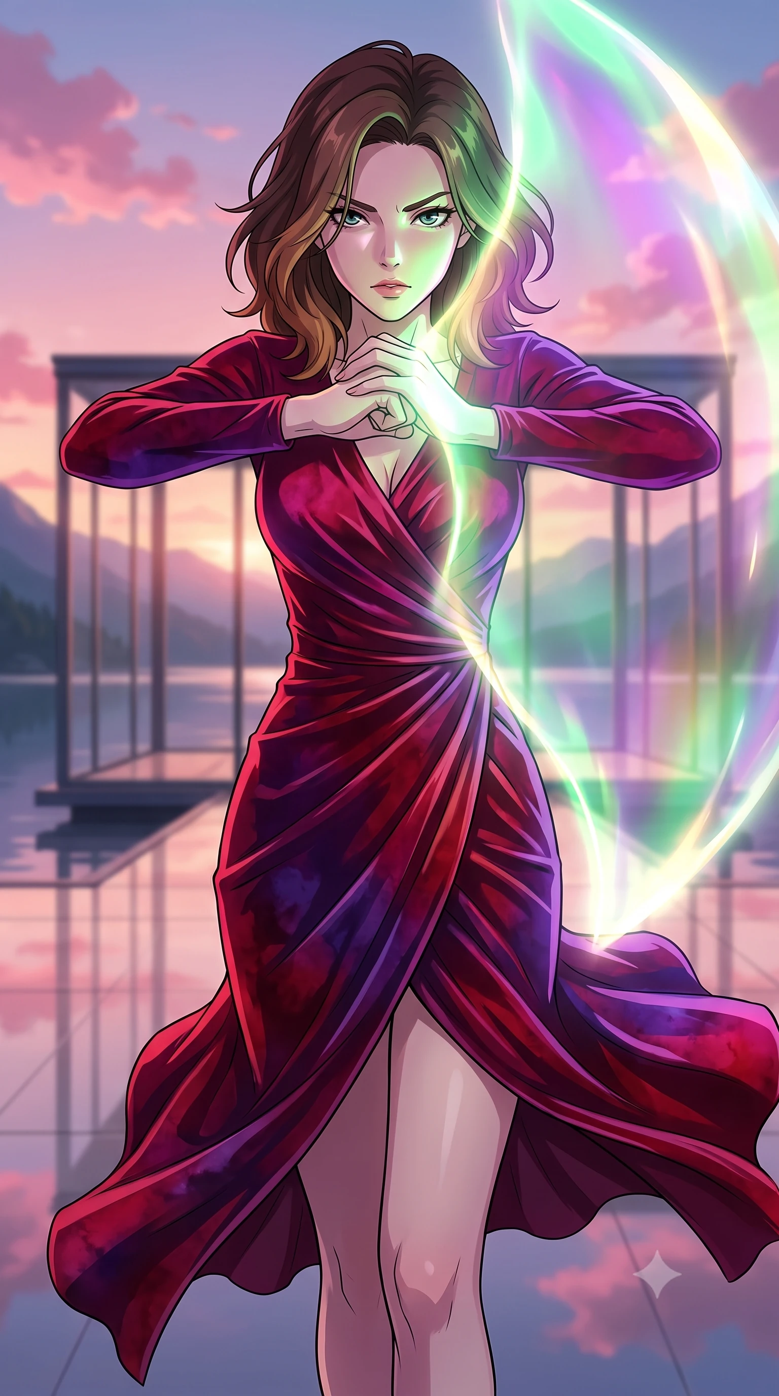 score_9, masterpiece, best quality, ultra-detailed, high-budget anime keyframe, clean line-art, cel-shading, Korean woman. close-up cowboy shot from the waist and thighs up, the character dominates the composition, filling the frame with her large presence, background elements kept in soft focus. Casting a protective shield, her face illuminated by the bright barrier glow. set against a soft-focus background of a glass pavilion hovering over a mountain lake at sunset, the floor reflecting the pink sunset clouds. She has an exceptionally elegant and slender, willowy female figure with an ultra-slim waist, a gracefully sculpted slender torso, and a refined slim physique. sharp v-shaped jawline, high-bridge nose, intricate jewel-like eyes with depth, thick eyelashes, glossy lips with a natural sheen. wearing the lightweight fabric rippling and billowing dramatically with her movement, a body-hugging wrap-front fitted midi dress in deep crimson and violet watercolor velvet, drawing focus to her slender waist. illuminated by a shifting aurora palette of green violet and gold from above. highly saturated vibrant anime colors, intense vivid color palette, volumetric dynamic lighting, 2k, ultra detail, master piece, 9:16 ratio