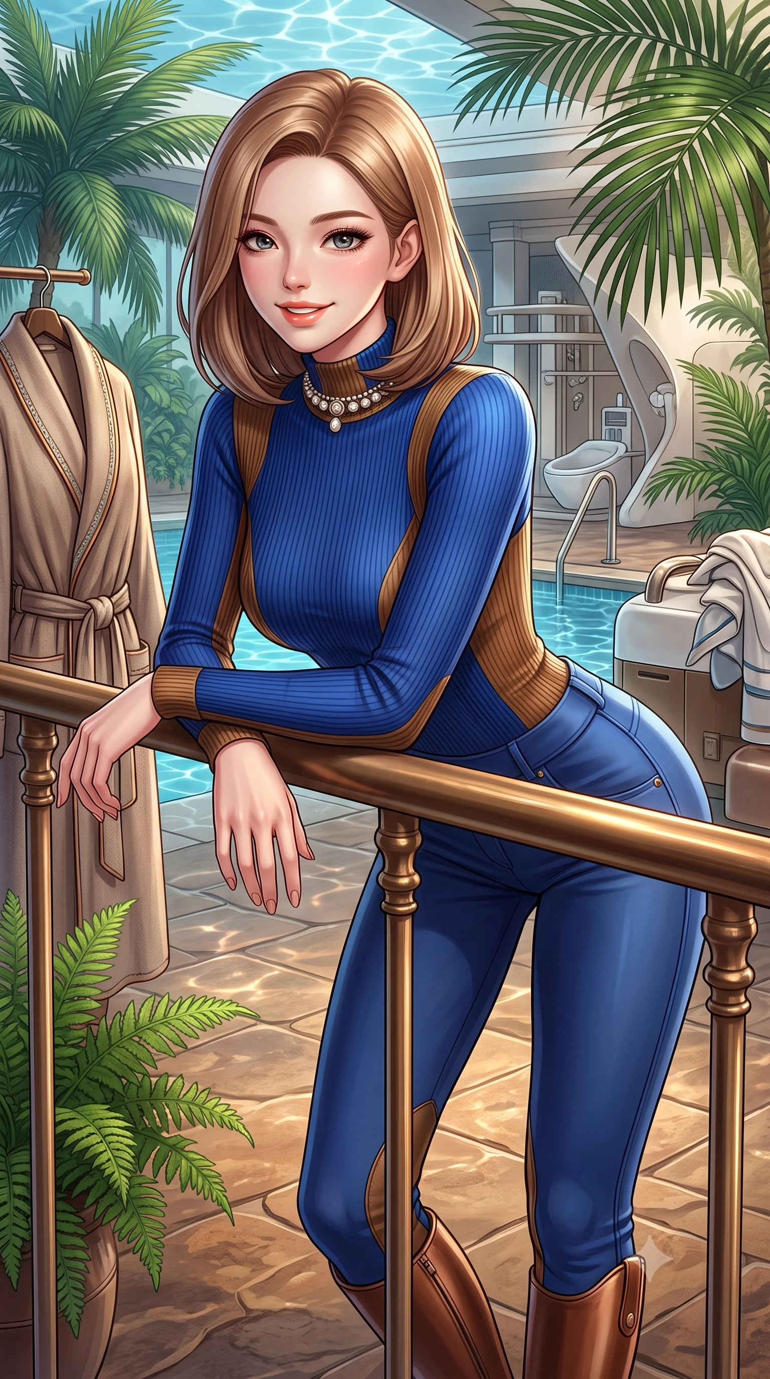 score_9, masterpiece, best quality, ultra-detailed, high-budget anime keyframe, semi-realistic 3D game render, editorial fashion photography, tasteful artistic composition, Korean woman. close-up cowboy shot from the waist and thighs up, the character dominates the composition, filling the frame with her large presence. resting both elbows on the balustrade while leaning forward gracefully, her smile sparkling with youthful cute charm and seductive allure while standing poised on the warm slate floor of the indoor winter garden pavilion surrounded by lush tropical palms, smiling with serene relaxation. The surrounding environment is rendered in vivid detail and crisp panoramic clarity: detailed belted cashmere robe coat tailoring, silk piping borders, and master Swiss spa architecture in razor-sharp precision. She has an exceptionally elegant, slender, and willowy female figure with an ultra-slim waist, flat toned midriff, narrow ribcage, and sculpted feminine hips creating an alluring, slim hourglass silhouette without bulk. sharp v-shaped jawline, high-bridge nose, intricate jewel-like sparkling eyes with depth, thick eyelashes, glossy parted lips with a natural peach sheen, bright cheerful beaming smile with an enchanting and coquettish sensual glint, exuding both youthful cute charm and seductive allure, flawlessly proportioned anatomical accuracy, strict slender model proportions, natural body alignment, perfectly sculpted long slender limbs, ultra-slim waistline, clean dynamic posture without body distortion. wearing a form-fitting equestrian stretch bodysuit paired with snug tailored riding breeches and polished knee-high leather boots in royal sapphire blue and antique brushed bronze, tailored from form-contouring ribbed merino wool hugging her torso like a second skin, complemented by an antique baroque pearl choker accentuating her delicate neck and collarbones, the form-contouring silhouette accentuating her sculpted flat midriff, narrow delicate ribcage, and gracefully curvy hips with intoxicating allure. illuminated by thermal pool surface caustics and soft pearlescent rim lights accentuating her sharp jawline and slender hourglass silhouette. highly saturated vibrant anime colors, detailed shading with soft gradients, rich glossy textures, high-contrast stereoscopic depth, volumetric dynamic lighting, master piece, 9:16 ratio