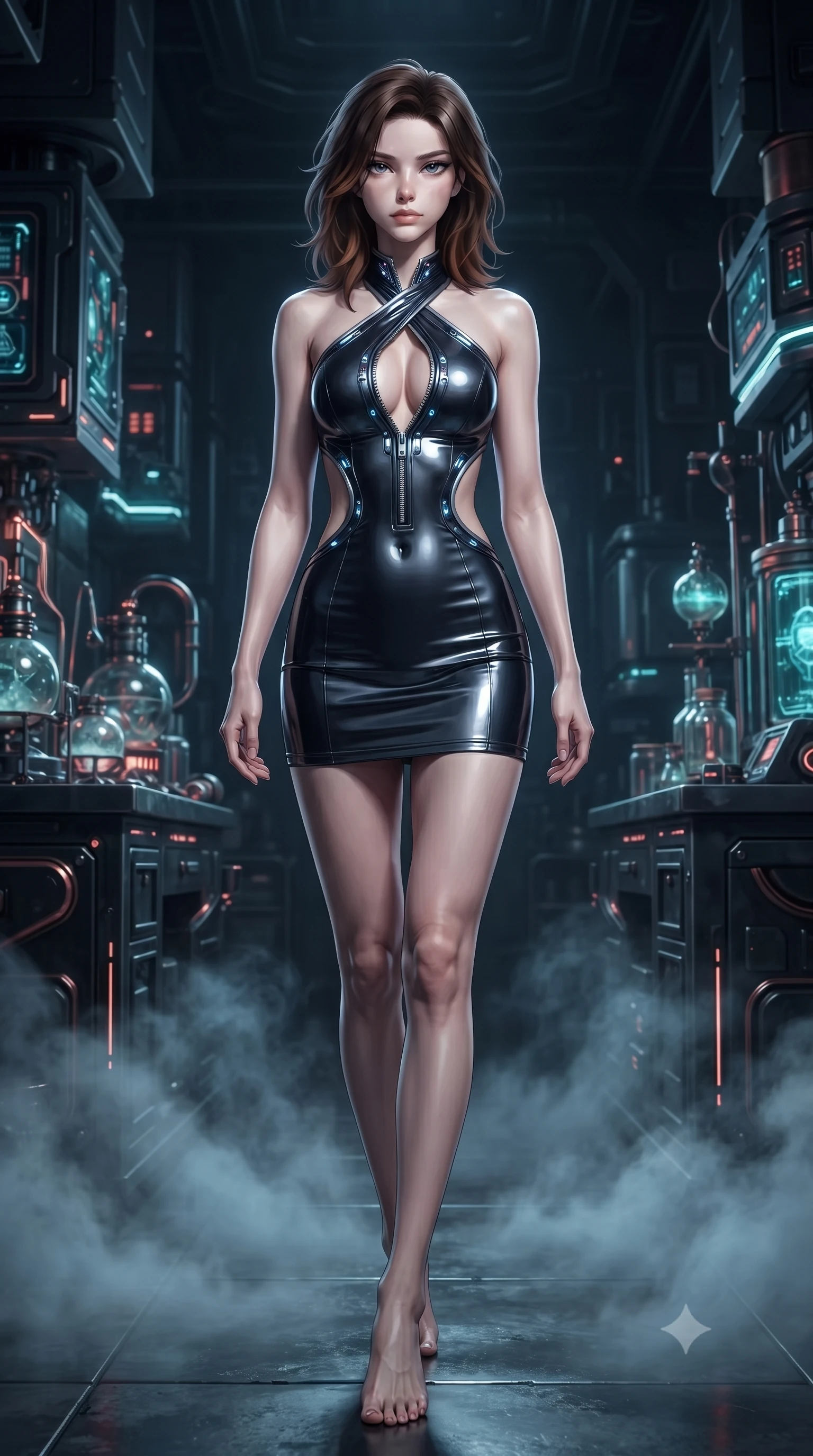 score_9, masterpiece, best quality, ultra-detailed, high-budget anime keyframe, editorial fashion photography, tasteful artistic composition, Korean woman. low angle full-body shot from head to toe showing her feet, filling the entire 9:16 vertical frame with her statuesque presence, stretching her vertical silhouette. striding forward in a proud, statuesque motion with a dangerous smolder, hips swaying with fierce allure, dominating the frame from head to toe while stepping gracefully through drifting chemical mist with a provocative, bedroom-eyed glance into the lens. The surrounding environment is rendered in vivid detail and crisp panoramic clarity. rich industrial chiaroscuro and mysterious retro-futuristic alchemical design rendered with sharpness. She has an absolutely perfect, statuesque 8.5-heads proportion, an exceptionally tall and slender model-like female figure with impossibly long slender legs, a toned flat midriff, and an ultra-slim waist. sharp v-shaped jawline, high-bridge nose, intricate jewel-like eyes with depth, thick eyelashes, glossy lips with a natural sheen, flawlessly proportioned anatomical accuracy, strict slender model proportions, natural body alignment, perfectly sculpted long slender limbs, ultra-slim waistline, clean dynamic posture without body distortion. wearing a molten gunmetal liquid-metal mini dress featuring deep side-waist cutouts and a daring crossover halter neckline in midnight navy blue and shadowed silver trim, formed from high-gloss patent material with specular chiaroscuro reflections, featuring a dangerously unzipped neckline framed by subtle glowing cybernetic accents, the sleek second-skin cut tightly hugging her graceful clavicle, narrow waist, and feminine curves with athletic precision. surrounded by a mysterious, forbidden, and captivatingly dangerous dark-science atmosphere. ultra-reflective glossy finish, specular highlights, dark metallic sheen, deep chiaroscuro contrast, volumetric dynamic shadow lighting, 2k, ultra detail, master piece, 9:16 ratio