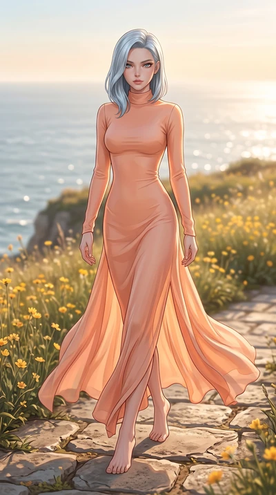 score_9, masterpiece, best quality, ultra-detailed, high-budget anime keyframe, editorial fashion photography, tasteful artistic composition, Korean woman woman. low angle full-body shot from head to toe showing her feet, filling the entire 9:16 vert