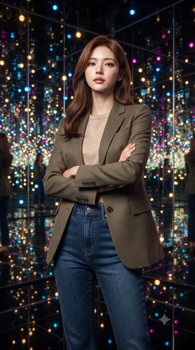 score_9, masterpiece, best quality, ultra-detailed, high-budget anime keyframe, editorial fashion photography, tasteful artistic composition, Korean woman. close-up cowboy shot from the waist and thighs up, the character dominates the composition, fi