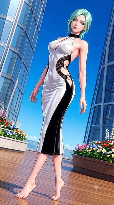 score_9, masterpiece, best quality, ultra-detailed, high-budget anime keyframe, semi-realistic 3D game render, editorial fashion photography, tasteful artistic composition, Japanese woman. low angle full-body shot from head to toe showing her feet, f