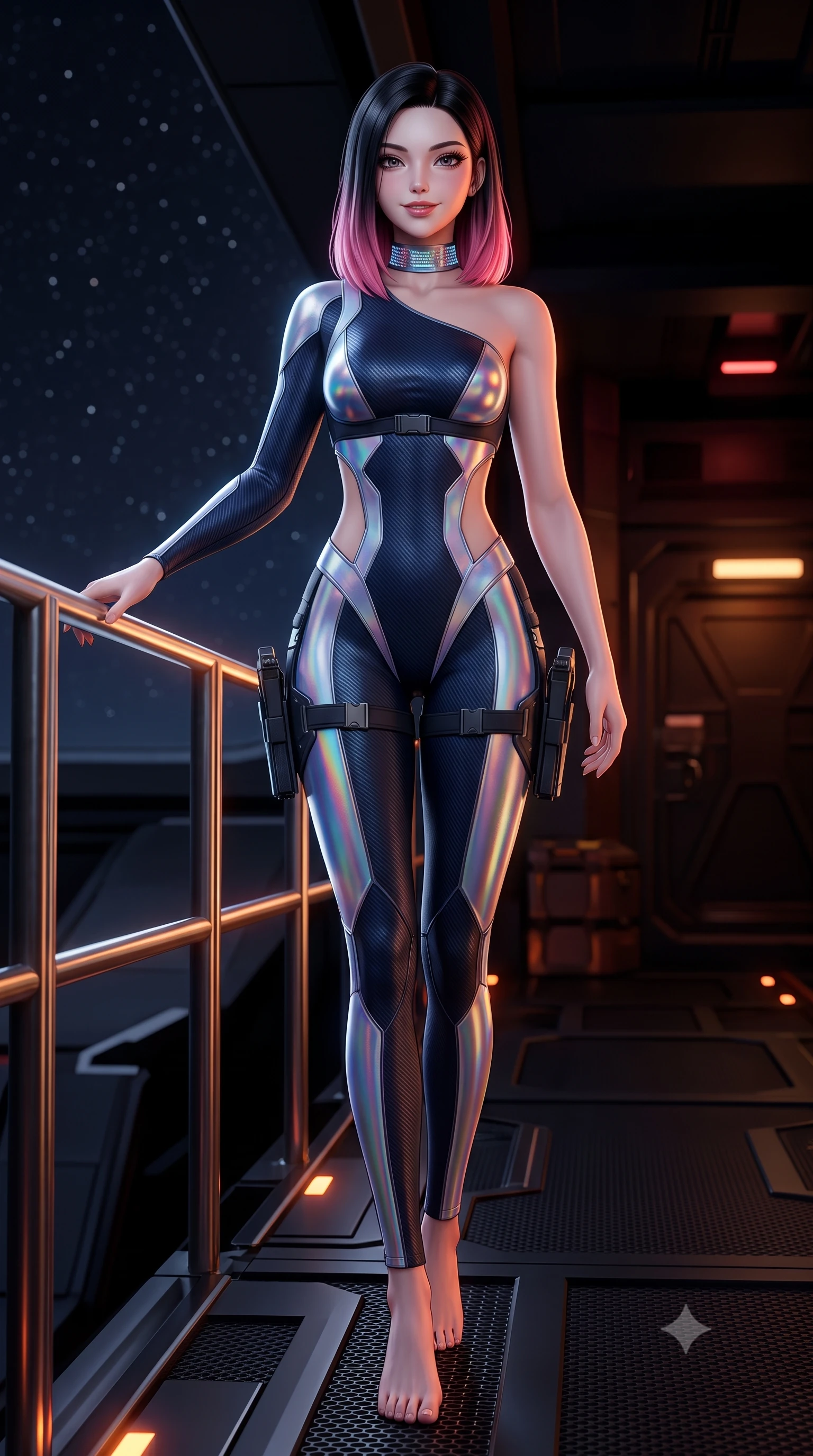 score_9, masterpiece, best quality, ultra-detailed, high-budget anime keyframe, semi-realistic 3D game render, editorial fashion photography, tasteful artistic composition, Korean woman. low angle full-body shot from head to toe showing her feet, filling the entire 9:16 vertical frame with her statuesque presence, stretching her vertical silhouette. standing in a tall, confident posture with one hand on a glowing metal railing, stretching her statuesque body as she arches her lower back to emphasize her sculpted feminine hips and slender waist while walking silently across the radar-absorbent matte black deck, arching her back with sovereign covert-ops grace. The surrounding environment is rendered in vivid detail and crisp panoramic clarity: sharp matte carbon-nanotube deck coating texture, cloaking emitter hexagonal micro-patterns, and weapon holster clasps in deep focus. She has an absolutely perfect, statuesque 8.5-heads proportion, an exceptionally tall and slender model-like female figure with impossibly long slender legs, an ultra-slim waist, a flat toned midriff, narrow delicate ribcage, and beautifully sculpted feminine hips creating a graceful, slim hourglass silhouette without any bulky heaviness. sharp v-shaped jawline, high-bridge nose, intricate jewel-like sparkling eyes with depth, thick eyelashes, glossy parted lips with a natural sheen, bright confident smile with an enchanting and coquettish sensual glint, exuding both youthful magnetic charm and sovereign high-tech allure, flawlessly proportioned anatomical accuracy, strict slender model proportions, natural body alignment, perfectly sculpted long slender limbs, ultra-slim waistline, clean dynamic posture without body distortion. wearing an asymmetric one-shoulder combat catsuit with carbon-weave paneling and an open-waist architecture emphasizing her hips in midnight navy blue and holographic iridescent shimmer, tailored from brushed aeronautical titanium alloy with matte satin sheen, complemented by a high-tech holographic choker projecting miniature glyphs, the high-waisted tailoring accentuating her ultra-slim waistline and the enchanting curve of her feminine hips with alluring dark charm. bathed in low-key red and dim amber tactical lighting contrasting with cold starlight. highly saturated vibrant anime colors, detailed shading with soft gradients, rich glossy textures, high-contrast stereoscopic depth, volumetric dynamic lighting, master piece, 9:16 ratio