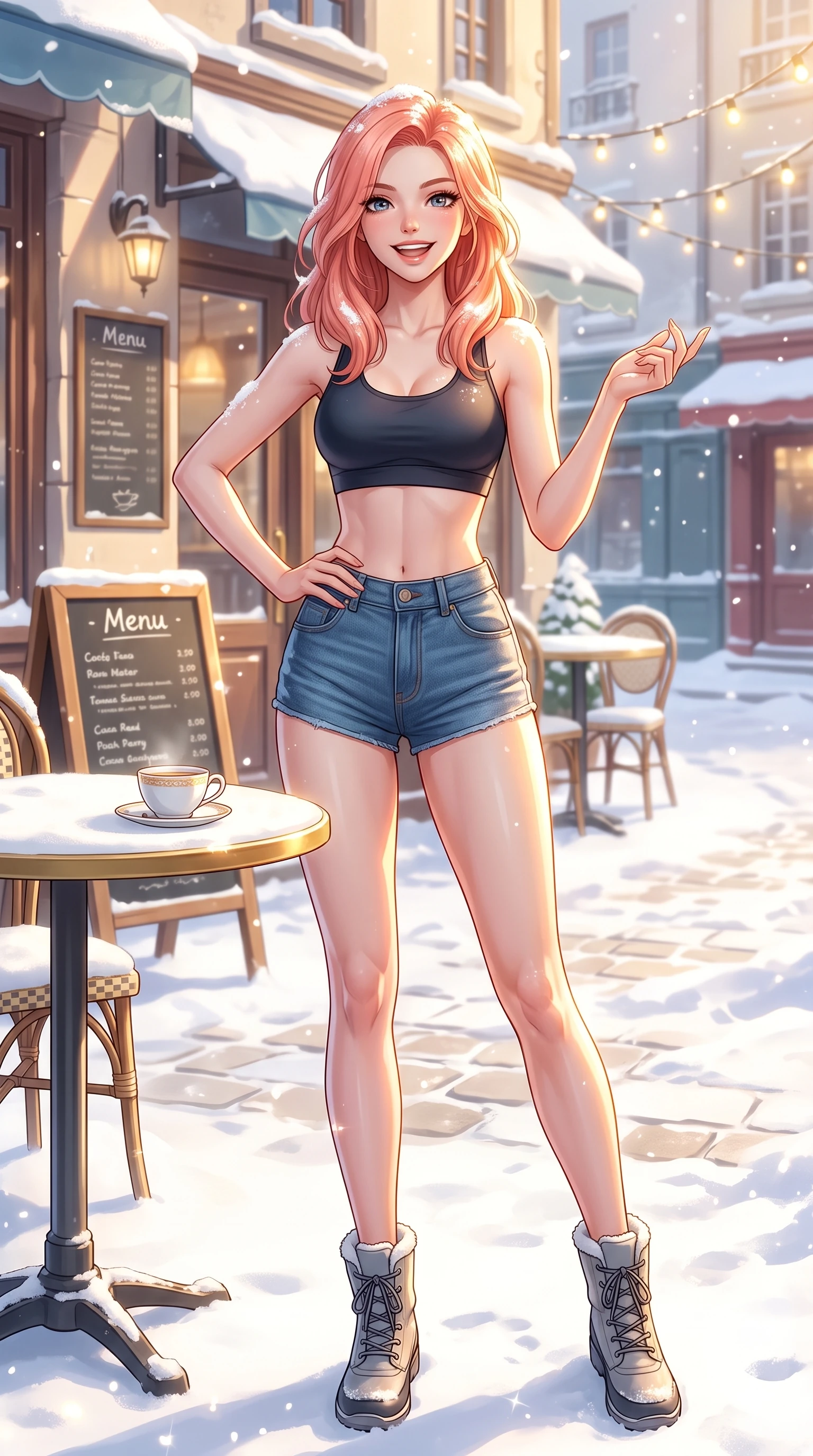 score_9, masterpiece, best quality, ultra-detailed, high-budget anime keyframe, vibrant anime aesthetic, Japanese woman. cowboy shot from the thighs up, character and outfit filling the frame for maximum presence. She is posing with a bright grin, one hand on her hip, looking at the lens with joyful eyes in snow by a bright outdoor café table in a snowy square (Code-P21-082). She has an absolutely perfect 8-heads proportion, an exceptionally tall and slender female figure with impossibly long slender legs and an ultra-slim waist. V-shaped jawline, high-bridge nose, intricate jewel-like eyes with depth, thick eyelashes, glossy lips with a natural sheen. wearing a sleek sports bra with high-waist denim micro-shorts in cabin. She is drenched in bright, golden winter sunshine reflecting off the white snow. 2k, ultra detail, master piece, 9:16 ratio