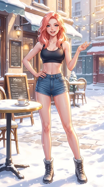 score_9, masterpiece, best quality, ultra-detailed, high-budget anime keyframe, vibrant anime aesthetic, Japanese woman. cowboy shot from the thighs up, character and outfit filling the frame for maximum presence. She is posing with a bright grin, on