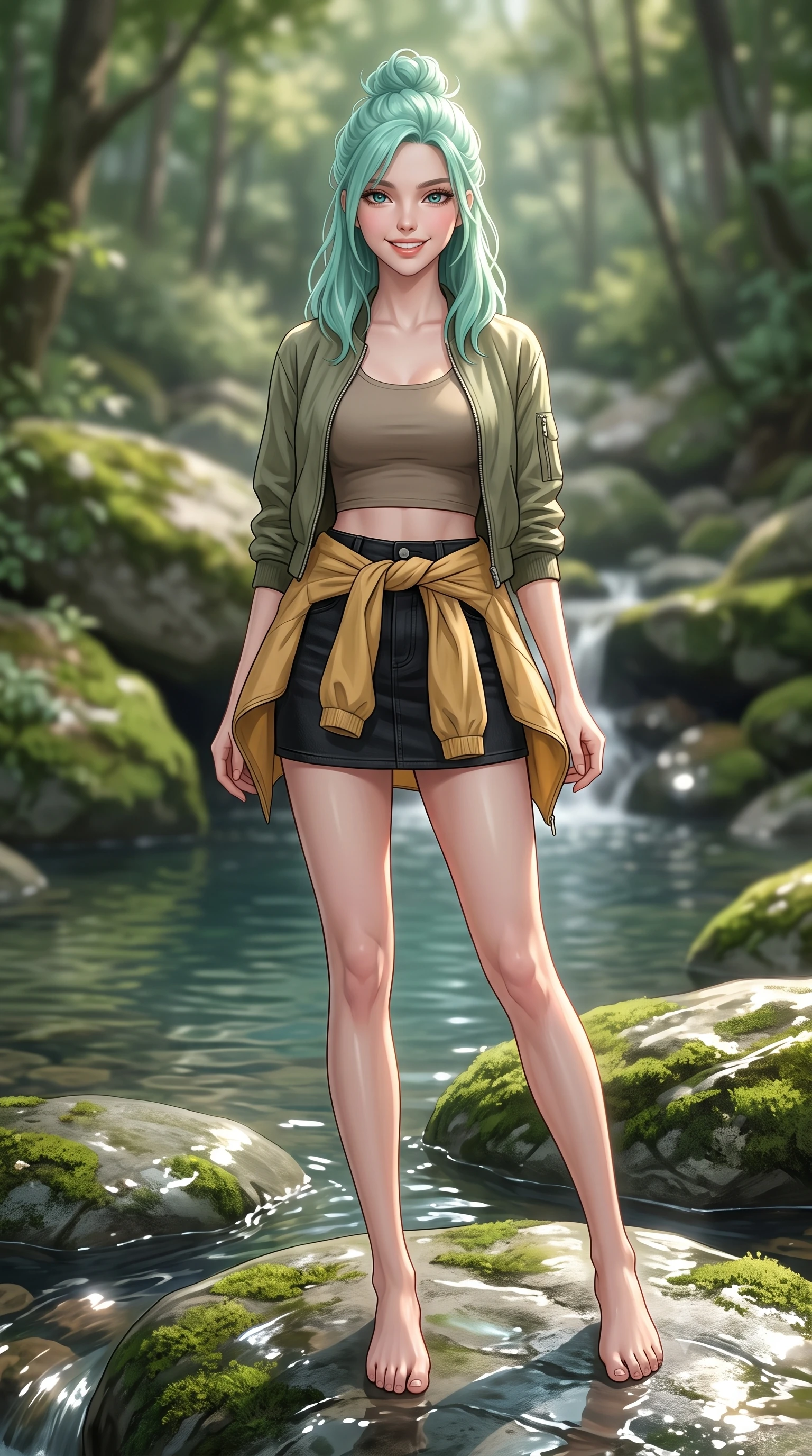 score_9, masterpiece, best quality, ultra-detailed, high-budget anime keyframe, editorial fashion photography, tasteful artistic composition, Japanese woman. low angle full-body shot from head to toe showing her feet, filling the entire 9:16 vertical frame with her statuesque presence, stretching her vertical silhouette. standing with a cute, bright pose, tilting her head with a beaming smile set against a soft-focus background of on a smooth stone next to a quiet forest creek pool surrounded by mossy rocks carrying a light windbreaker jacket tied around her waist. She has an absolutely perfect, statuesque 8.5-heads proportion, an exceptionally tall and slender model-like female figure with impossibly long slender legs and an ultra-slim waist. sharp v-shaped jawline, high-bridge nose, intricate jewel-like eyes with depth, thick eyelashes, glossy lips with a natural sheen. wearing slim-fit modern crop top shirt paired with a mini skirt and an unzipped light bomber jacket. soft afternoon sunlight reflecting off the wet rocks and water pool. ultra-reflective glossy finish, specular highlights, metallic sheen, high-contrast stereoscopic depth, volumetric dynamic lighting, 2k, ultra detail, master piece, 9:16 ratio