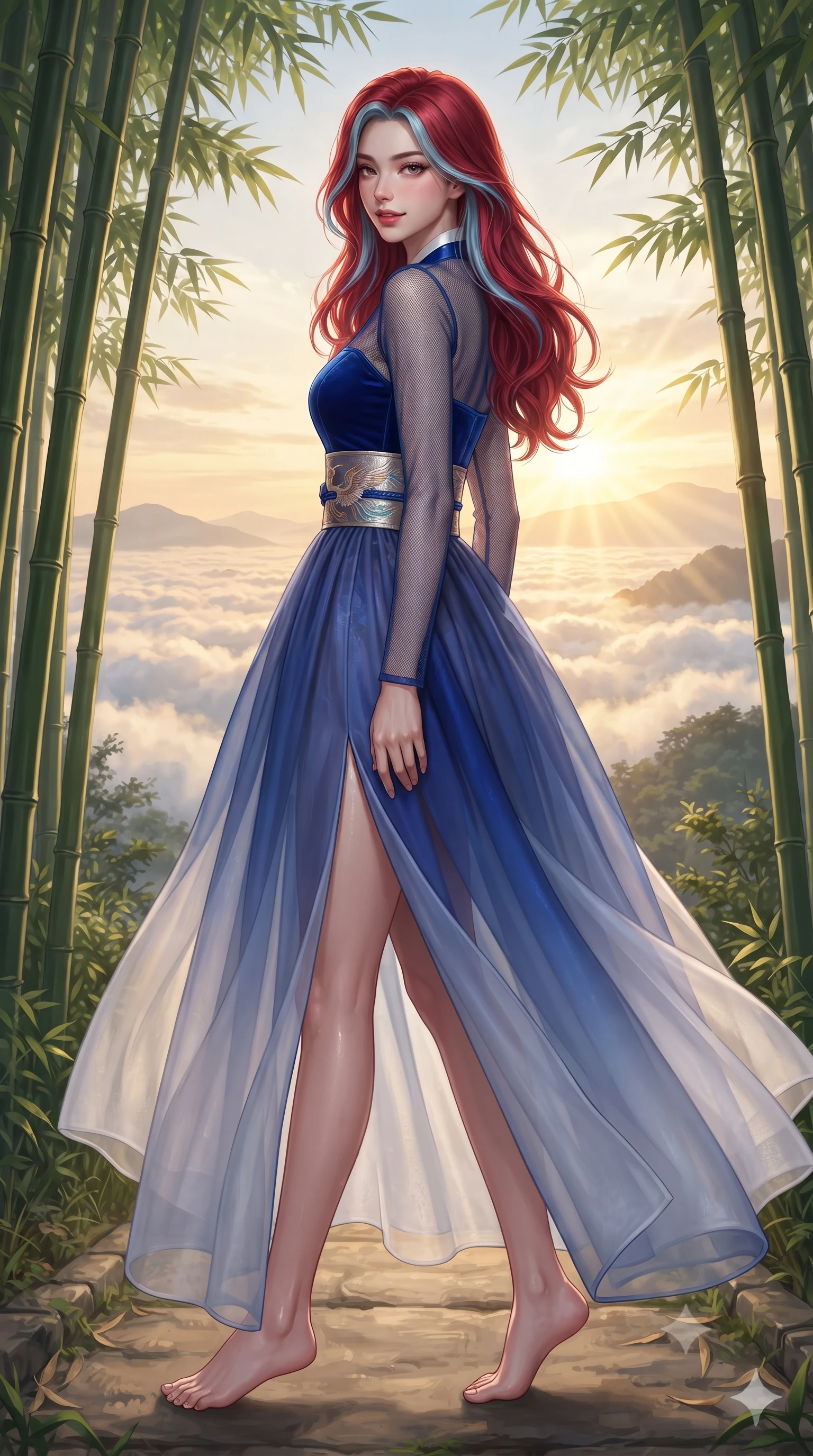 score_9, masterpiece, best quality, ultra-detailed, high-budget anime keyframe, editorial fashion photography, tasteful artistic composition, Caucasian woman. low angle full-body shot from head to toe showing her feet, filling the entire 9:16 vertical frame with her statuesque presence, stretching her vertical silhouette. walking slowly through the bamboo pathway, looking back over her shoulder with an air of effortless oriental grace and an alluring, smoldering smile while twisting her slender torso in an alluring S-curve as mountain breezes sculpt her flowing silk gown against her narrow waist and curvy hips. The surrounding environment is rendered in vivid detail and crisp panoramic clarity: detailed flowing silk gown weave, morning sunlight glints on skin, and UNESCO mountain landscape clarity in high resolution. She has an absolutely perfect, statuesque 8.5-heads proportion, an exceptionally tall and slender model-like female figure with impossibly long slender legs, an ultra-slim waist, a flat toned midriff, narrow delicate ribcage, and beautifully sculpted feminine hips creating a graceful, slim hourglass silhouette without any bulky heaviness. sharp v-shaped jawline, high-bridge nose, intricate jewel-like dark sparkling almond eyes with depth, thick lashes, glossy parted lips with a natural rose-plum sheen, bright alluring and coquettish smile with bedroom-eyes, exuding both timeless oriental elegance and sovereign high-fashion allure, flawlessly proportioned anatomical accuracy, strict slender model proportions, natural body alignment, perfectly sculpted long slender limbs, ultra-slim waistline, clean dynamic posture without body distortion. wearing a modern fusion hanbok dress with a structured velvet bodice and cascading sheer ombre organza skirt with front slit in royal cobalt blue and starlight platinum, made of sheer technical micro-mesh with contouring shadow effects, finished with a wide metallic obi sash with intricate embroidered phoenix motifs, the glove-like silhouette tightly following the natural contour of her hips and long slender legs with youthful 8.5-heads elegance. bathed in glorious golden hour sunrise rays breaking over the vast sea of clouds. ultra-reflective glossy finish, specular highlights, rich textural contrasts, high-contrast stereoscopic depth, volumetric dynamic lighting, 2k, ultra detail, master piece, 9:16 ratio