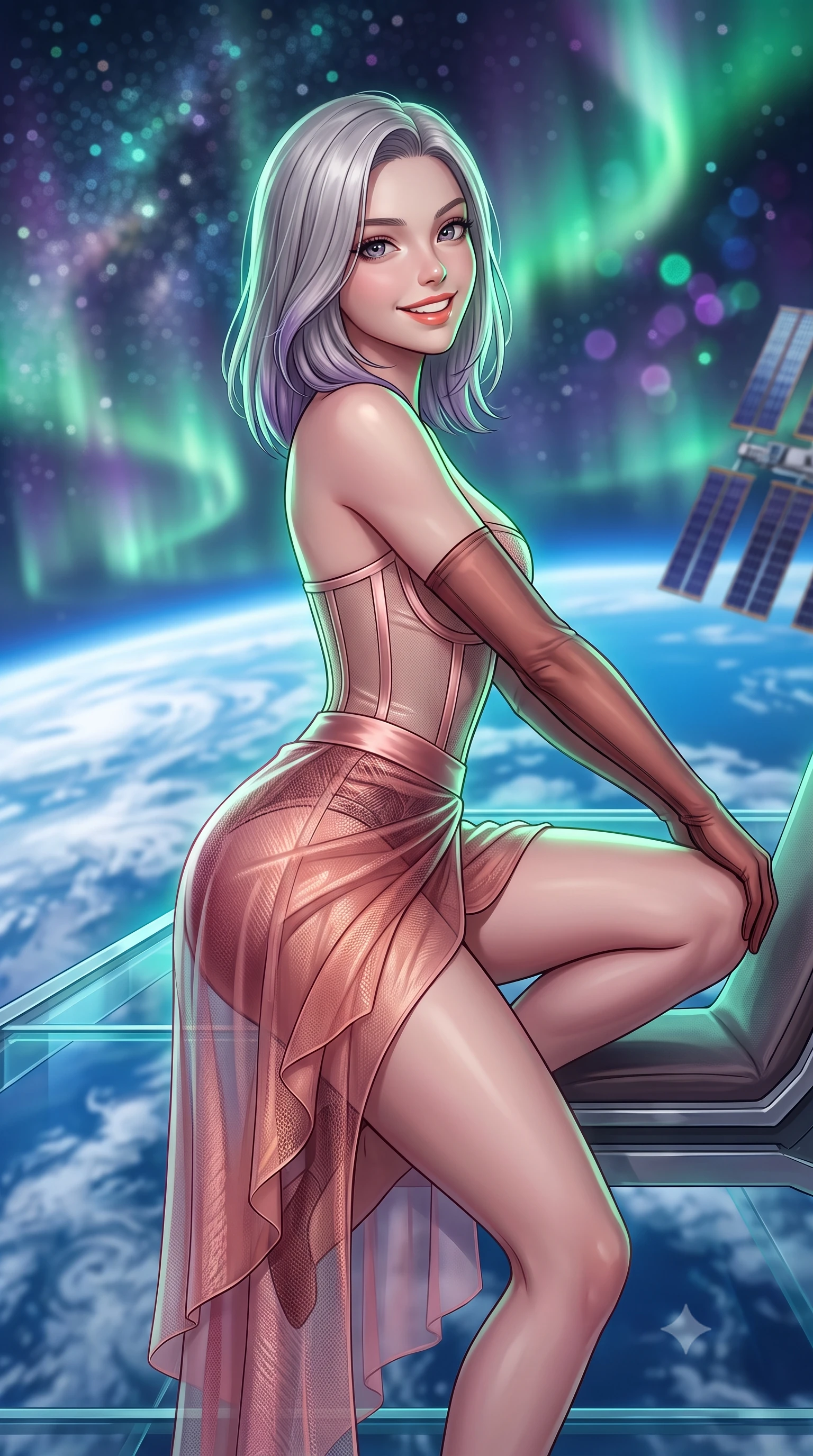score_9, masterpiece, best quality, ultra-detailed, high-budget anime keyframe, semi-realistic 3D game render, editorial fashion photography, tasteful artistic composition, Caucasian woman. close-up cowboy shot from the waist and thighs up, the character dominates the composition, filling the frame with her large presence. perched sideways on the lounge seat, one knee drawn up to showcase her slender leg line while her arched back accentuates her feminine hip curve while standing poised on the completely transparent cantilevered catwalk directly above swirling blue ocean clouds of Earth, arching her back with breathless anime heroine charisma. The background shows a soft-focus swirling green and violet polar auroras dancing across Earth's curve, dense Milky Way star clusters, and solar array wings blurred into emerald, amethyst, and sapphire bokeh. She has an exceptionally elegant, slender, and willowy female figure with an ultra-slim waist, flat toned midriff, narrow ribcage, and sculpted feminine hips creating an alluring, slim hourglass silhouette without bulk. sharp v-shaped jawline, high-bridge nose, intricate jewel-like sparkling eyes with depth, thick eyelashes, glossy parted lips with a natural peach sheen, bright cheerful beaming smile with an enchanting and coquettish sensual glint, exuding both youthful cute charm and seductive allure, flawlessly proportioned anatomical accuracy, strict slender model proportions, natural body alignment, perfectly sculpted long slender limbs, ultra-slim waistline, clean dynamic posture without body distortion. wearing a provocative translucent mesh corset bodice with boned satin channels paired with a sheer chiffon wrap skirt in Solaris liquid rose-quartz and alien peach, woven from structured carbon-fiber jacquard with rich textural depth, complemented by sheer opera-length evening gloves tracing her slender arms, the form-contouring silhouette accentuating her sculpted flat midriff, narrow delicate ribcage, and gracefully curvy hips with intoxicating allure. illuminated by Earth albedo reflection bounce and sharp aurora-emerald rim lights sculpting her jawline, narrow waist, and curvy hips. highly saturated vibrant anime colors, detailed shading with soft gradients, rich glossy textures, high-contrast stereoscopic depth, volumetric dynamic lighting, master piece, 9:16 ratio