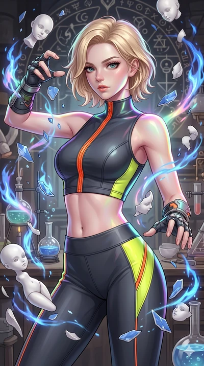 score_9, masterpiece, best quality, ultra-detailed, high-budget anime keyframe, Caucasian woman, strictly human ears. upper body close-up from the thighs up, character filling the screen for maximum presence. assisting in an alchemical porcelain work