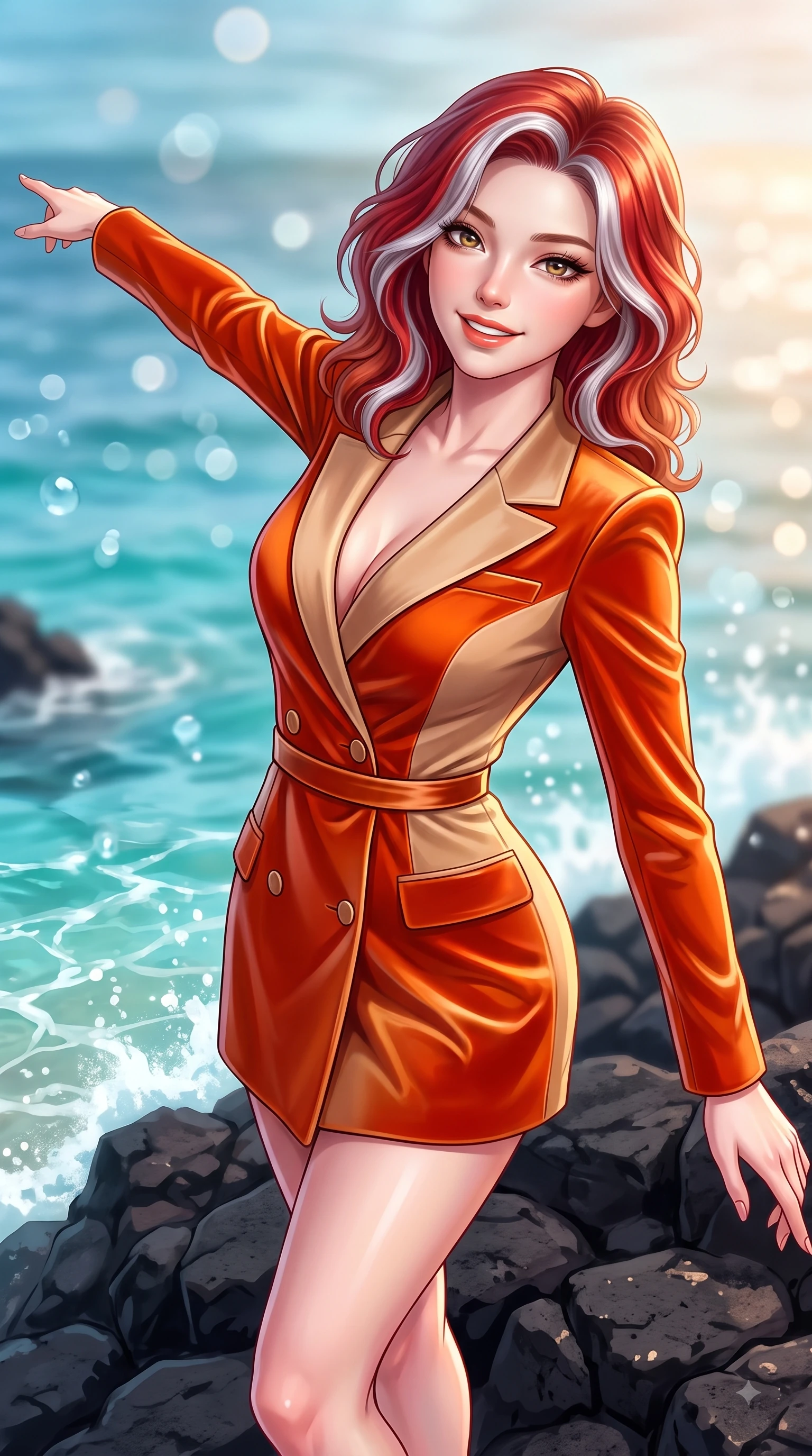 score_9, masterpiece, best quality, ultra-detailed, high-budget anime keyframe, editorial fashion photography, tasteful artistic composition, Caucasian woman. close-up cowboy shot from the waist and thighs up, the character dominates the composition, filling the frame with her large presence. Extending one arm in an elegant stretch toward the light while smiling with vibrant, youthful self-assurance while pivoting gracefully on dark volcanic basalt rocks as clear turquoise ocean waves lap nearby. The composition keeps background elements in soft focus with dreamy bokeh. warm tropical ocean light reflecting off water droplets blurred into a soft backdrop. She has an exceptionally elegant, slender, and willowy female figure with an ultra-slim waist, a gracefully sculpted slender torso, and a refined silhouette. sharp v-shaped jawline, high-bridge nose, intricate jewel-like eyes with depth, thick eyelashes, glossy lips with a natural sheen, flawlessly proportioned anatomical accuracy, natural body alignment, perfectly sculpted elegant limbs, clean dynamic posture without body distortion. wearing a tailored double-breasted blazer dress with a sleek waist belt and clean lines in bright burnt orange and warm beige, made of lustrous stretch velvet, accented with a Tasteful chest slit framing her clavicle gracefully, the sleek second-skin texture accentuating her magnetic presence. surrounded by a fresh, sun-drenched, and relaxing vacation atmosphere. highly saturated vibrant anime colors, detailed shading with soft gradients, rich glossy textures, high-contrast stereoscopic depth, volumetric dynamic lighting, master piece, 9:16 ratio