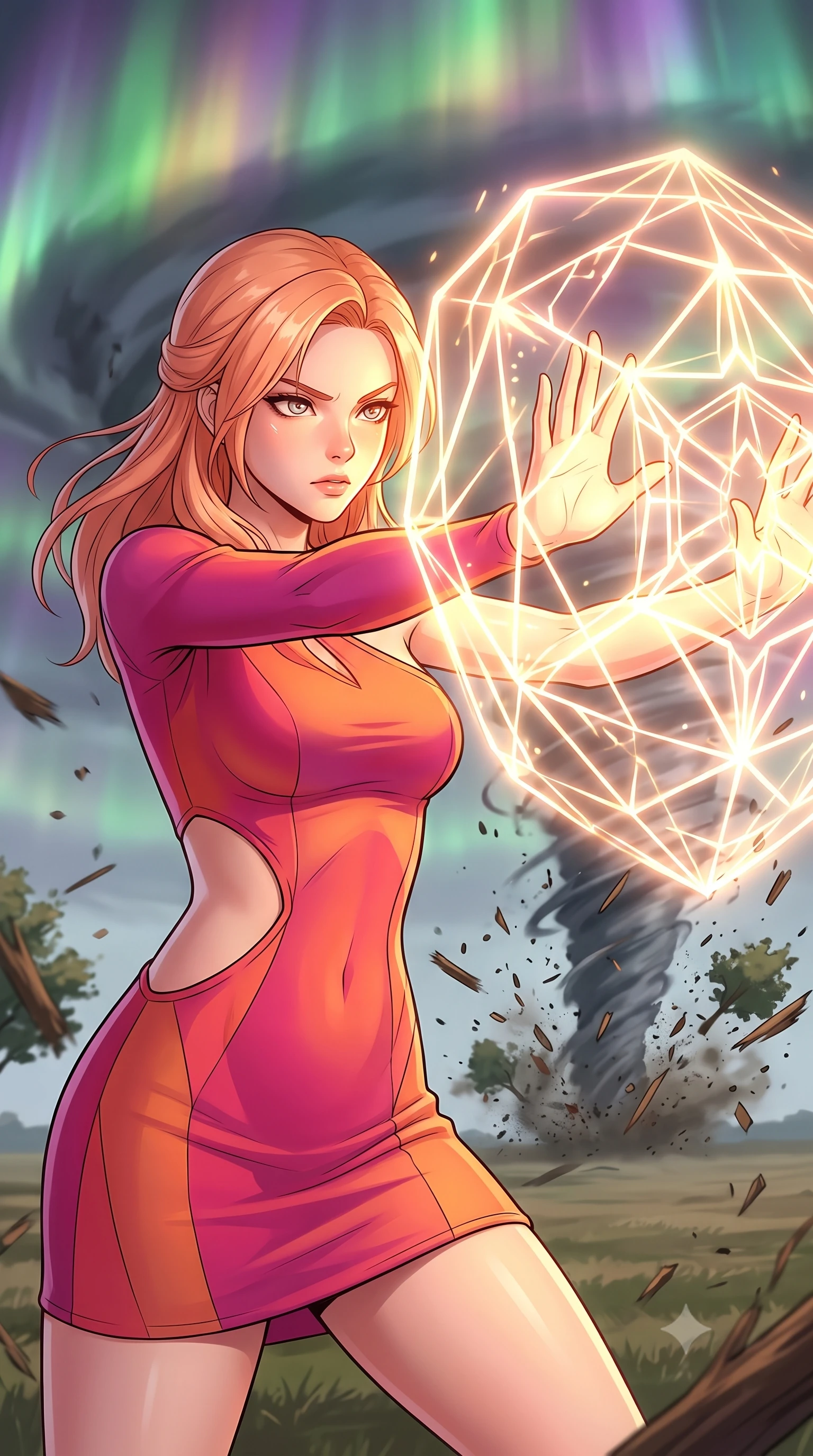 score_9, masterpiece, best quality, ultra-detailed, high-budget anime keyframe, clean line-art, cel-shading, Japanese woman. close-up cowboy shot from the waist and thighs up, the character dominates the composition, filling the frame with her large presence, background elements kept in soft focus. Casting a protective shield, her face illuminated by the bright barrier glow. set against a soft-focus background of an open plain where a tornado is actively ripping up trees and debris, sending wooden splinters and dirt flying in a vortex. She has an exceptionally elegant and slender, willowy female figure with an ultra-slim waist, a gracefully sculpted slender torso, and a refined slim physique. sharp v-shaped jawline, high-bridge nose, intricate jewel-like eyes with depth, thick eyelashes, glossy lips with a natural sheen. wearing tailored for maximum mobility, sleek form-contouring panels that allow fluid movement, a body-hugging asymmetric one-sleeve mini dress in a warm fuchsia and orange gradient, with a dramatic side cutout. illuminated by a shifting aurora palette of green violet and gold from above. highly saturated vibrant anime colors, intense vivid color palette, volumetric dynamic lighting, 2k, ultra detail, master piece, 9:16 ratio