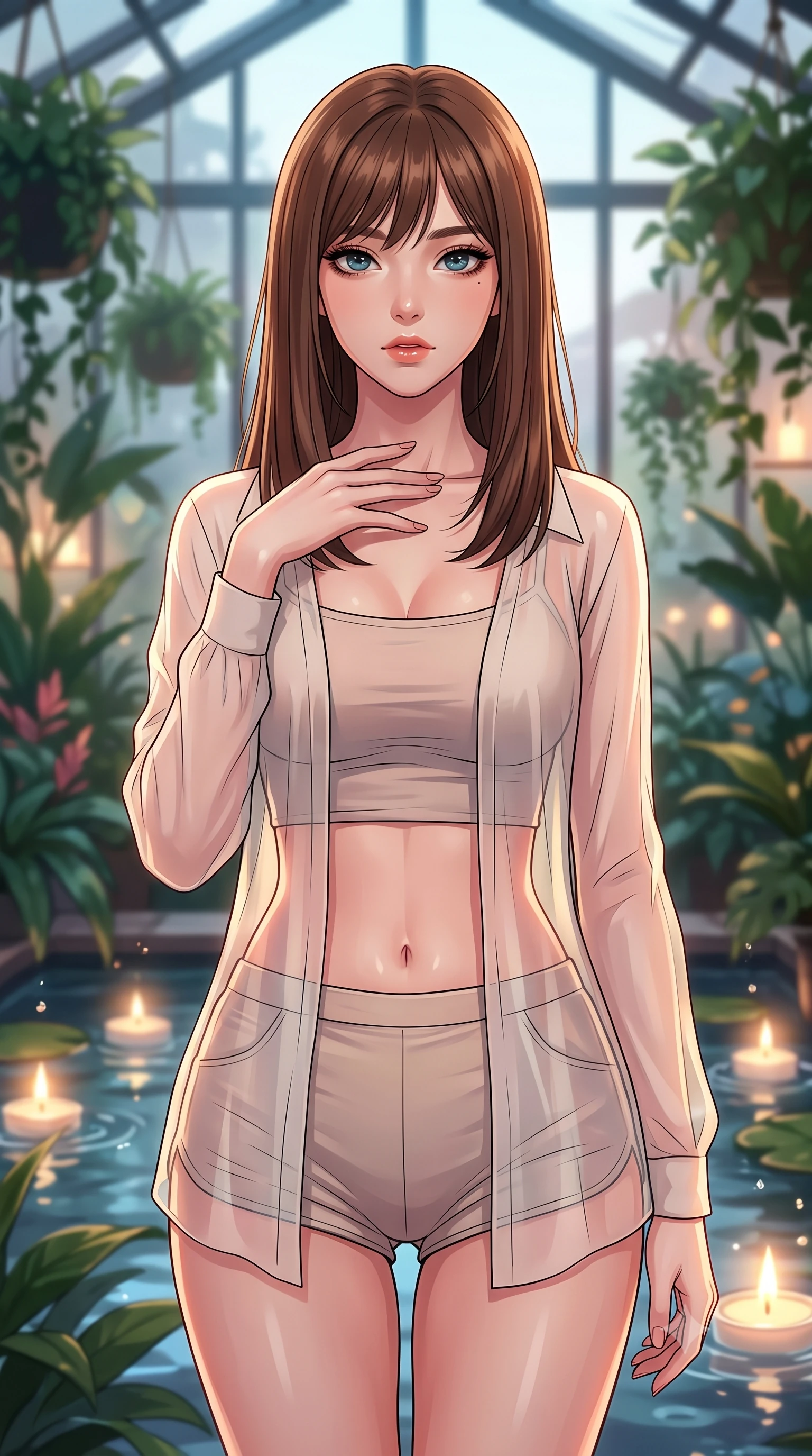 score_9, masterpiece, best quality, ultra-detailed, high-budget anime keyframe, tasteful artistic composition, Korean woman. close-up cowboy shot from the waist and thighs up, the character dominates the composition, filling the frame with her large presence, background elements kept in soft focus. standing with one hand resting on her collarbone, looking at the viewer with bedroom-eyes the background shows a soft-focus a modern greenhouse loft surrounded by rare plants and floating candlelit ponds. She has an exceptionally elegant, slender, and willowy female figure with an ultra-slim waist, a gracefully sculpted slender torso, and a refined silhouette. sharp v-shaped jawline, high-bridge nose, intricate jewel-like eyes with depth, thick eyelashes, glossy lips with a natural sheen. wearing a body-hugging lightweight chiffon cover-up shirt worn open over a crop top and high-cut shorts. soft flickering candle glow refracting through the moving water droplets. highly saturated vibrant anime colors, cel-shading, 2d style, master piece, 9:16 ratio
