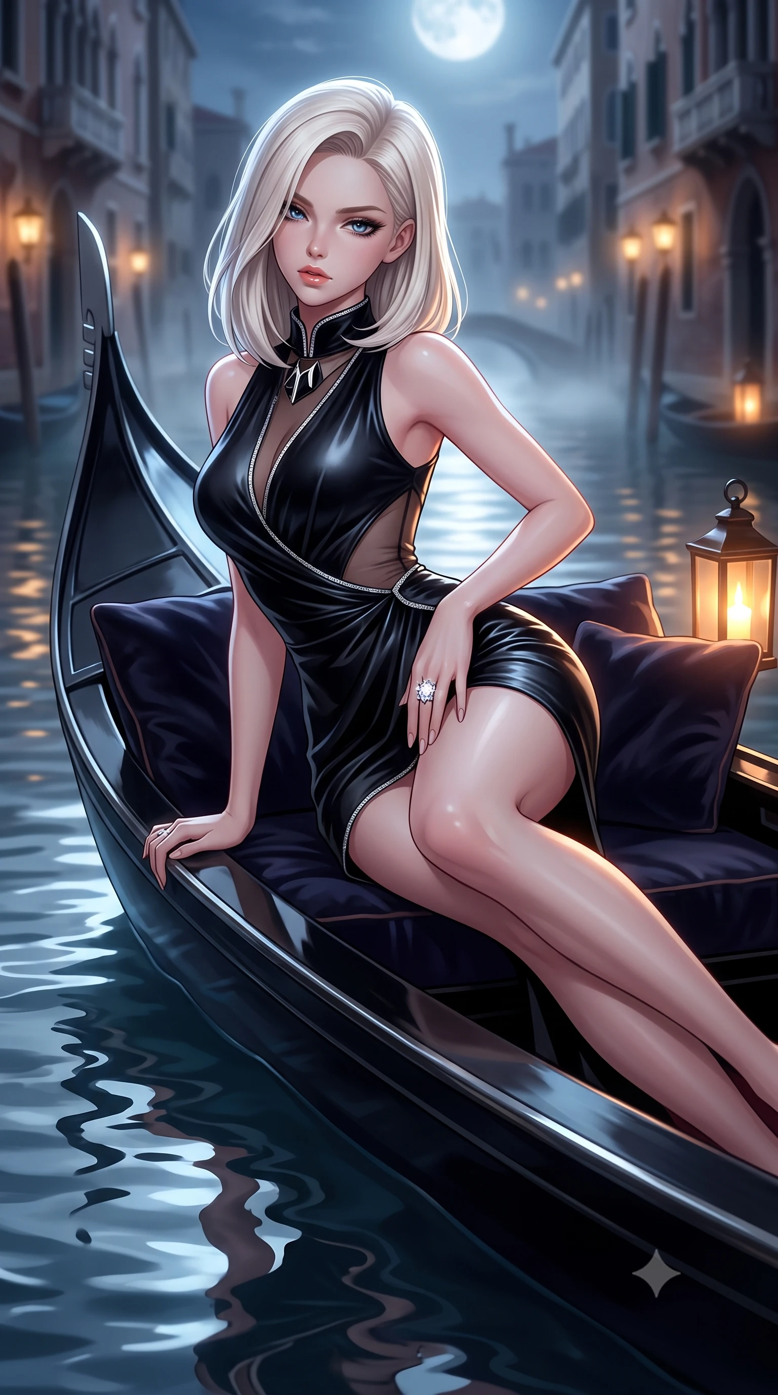 score_9, masterpiece, best quality, ultra-detailed, high-budget anime keyframe, semi-realistic 3D game render, editorial fashion photography, tasteful artistic composition, Caucasian woman. close-up cowboy shot from the waist and thighs up, the character dominates the composition, filling the frame with her large presence. twisting her slender torso in a deep contrapposto stance, hips dramatically shifted to accentuate her feminine curves while looking past her shoulder with smoldering bedroom-eyes while reclining on her side across the velvet cushions of a sleek black gondola, arching her lower back with one slender leg extended as moonlit canal ripples mirror her curvy hips. The composition keeps background elements in soft focus with creamy bokeh. swirling canal mist and flickering lantern glows softened in romantic shallow focus. She has an exceptionally elegant, slender, and willowy female figure with an ultra-slim waist, flat toned midriff, narrow ribcage, and sculpted feminine hips creating an alluring, slim hourglass silhouette without bulk. sharp v-shaped jawline, high-bridge nose, intricate jewel-like eyes with depth, thick eyelashes, glossy parted lips with a natural sheen, intensely captivating and seductive bedroom-eyes expression, flawlessly proportioned anatomical accuracy, strict slender model proportions, natural body alignment, perfectly sculpted long slender limbs, ultra-slim waistline, clean dynamic posture without body distortion. wearing a wet-look silk fusion wrap dress with asymmetrical sheer mesh cutouts and high Mandarin collar in pitch-black velvet with diamond crystal trim, crafted from second-skin supple lambskin leather with liquid drape, complemented by a bold geometric choker and sparkling cocktail ring, the glove-like aerodynamic silhouette tightly following the natural contour of her hips and long slender legs with statuesque 8.5-heads elegance. bathed in cool silver full-moon light streaming from above and warm amber gondola lantern uplights. highly saturated vibrant anime colors, detailed shading with soft gradients, rich glossy textures, high-contrast stereoscopic depth, volumetric dynamic lighting, master piece, 9:16 ratio