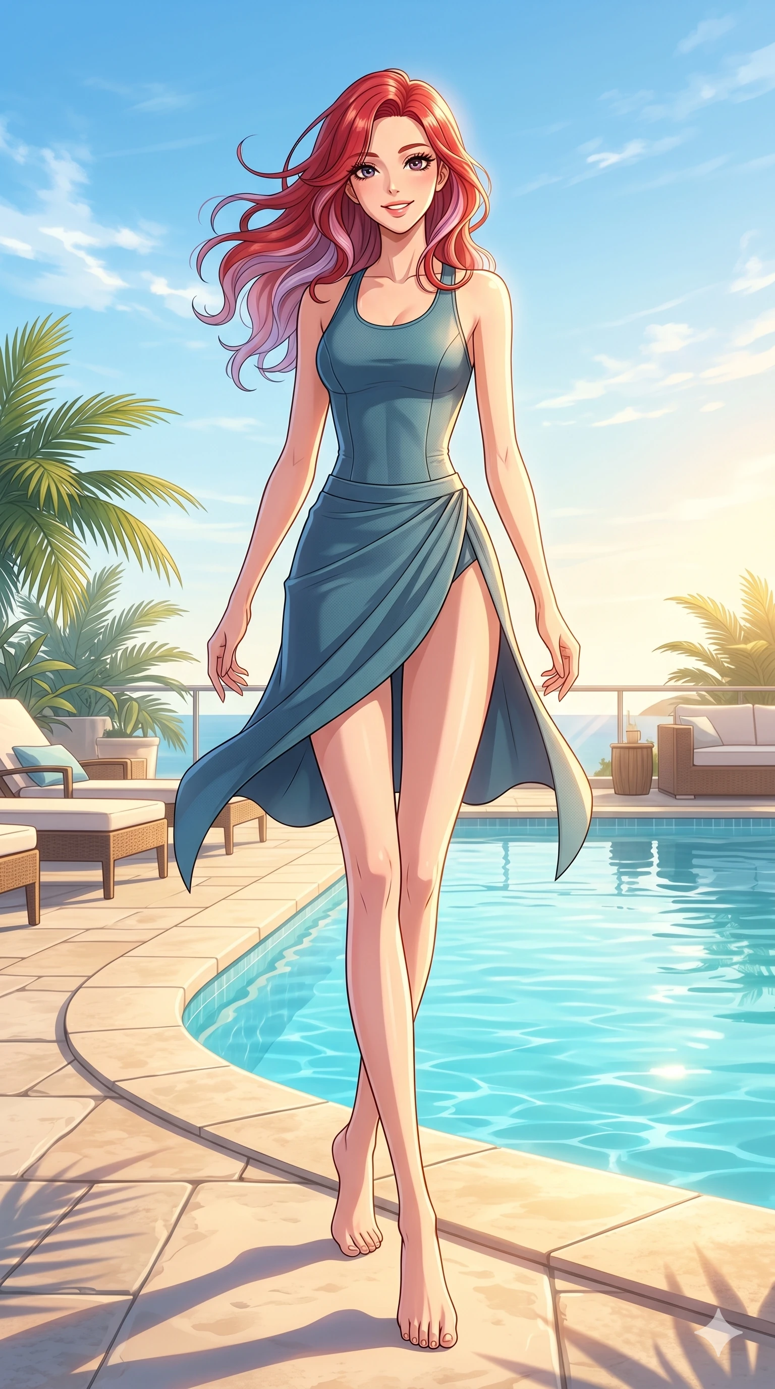 score_9, masterpiece, best quality, ultra-detailed, high-budget anime keyframe, vibrant anime aesthetic, Caucasian woman, strictly human ears. low angle full-body shot from head to toe showing her feet, filling the entire 9:16 vertical frame with her statuesque presence, stretching her vertical silhouette. She is standing tall with a lively smile, her hair blowing gently in the spring breeze by a private resort pool deck under a bright blue sky (Code-P20-043). She has an absolutely perfect 8-heads proportion, an exceptionally tall and slender female figure with impossibly long slender legs and an ultra-slim waist. V-shaped jawline, high-bridge nose, intricate jewel-like eyes with depth, thick eyelashes, glossy lips with a natural sheen. wearing a bodycon leotard with a high-slit wrap skirt in activewear knit. She is bathed in soft, radiant golden hour sun casting long, elegant shadows around her. 2k, ultra detail, master piece, 9:16 ratio