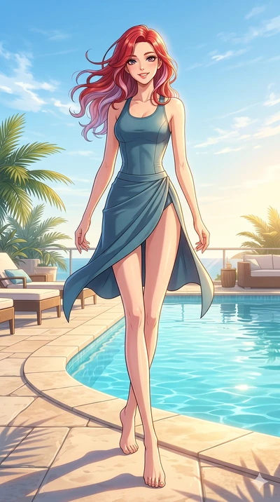 score_9, masterpiece, best quality, ultra-detailed, high-budget anime keyframe, vibrant anime aesthetic, Caucasian woman, strictly human ears. low angle full-body shot from head to toe showing her feet, filling the entire 9:16 vertical frame with her