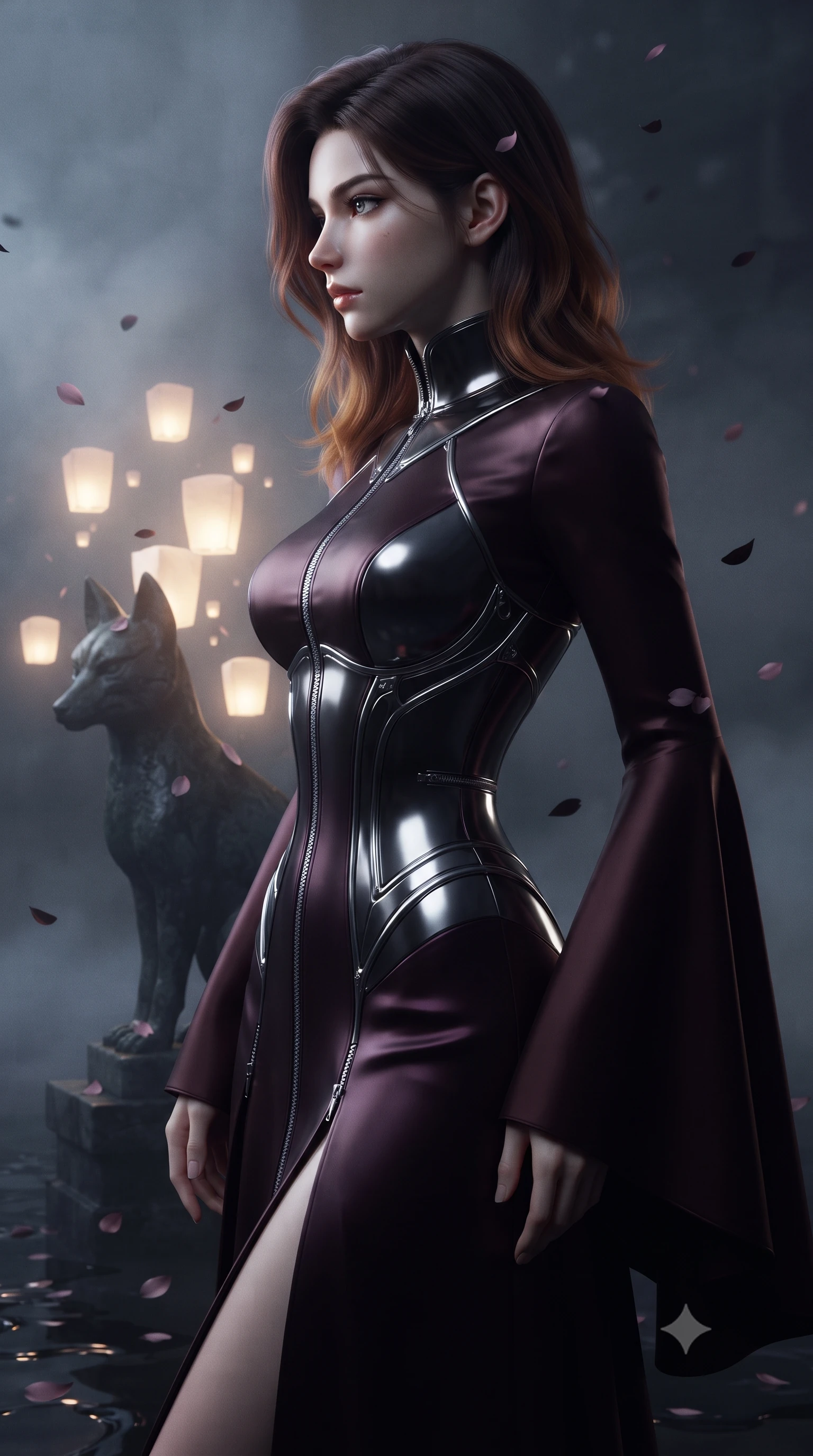score_9, masterpiece, best quality, ultra-detailed, high-budget anime keyframe, editorial fashion photography, tasteful artistic composition, Korean woman. close-up cowboy shot from the waist and thighs up, the character dominates the composition, filling the frame with her large presence, background elements kept in soft focus. Turning her face in sharp dramatic profile against the moody key light, resting near a dark stone fox statue illuminated by floating spirit lanterns, black sakura petals floating gracefully down into dark shadow puddles. She has an exceptionally elegant, slender, and willowy female figure with an ultra-slim waist, a gracefully sculpted slender torso, and a refined silhouette. sharp v-shaped jawline, high-bridge nose, intricate jewel-like eyes with depth, thick eyelashes, glossy lips with a natural sheen. wearing gothic high-collar dark plum silk evening gown with long bell sleeves in dark mahogany, made of sculpted obsidian metallic chrome, finished with metallic silver boning and sleek zipper points, sculpting her athletic slender build with refined precision. lit by dim golden key light piercing through heavy midnight fog. ultra-reflective glossy finish, specular highlights, metallic sheen, high-contrast stereoscopic depth, volumetric dynamic lighting, 2k, ultra detail, master piece, 9:16 ratio