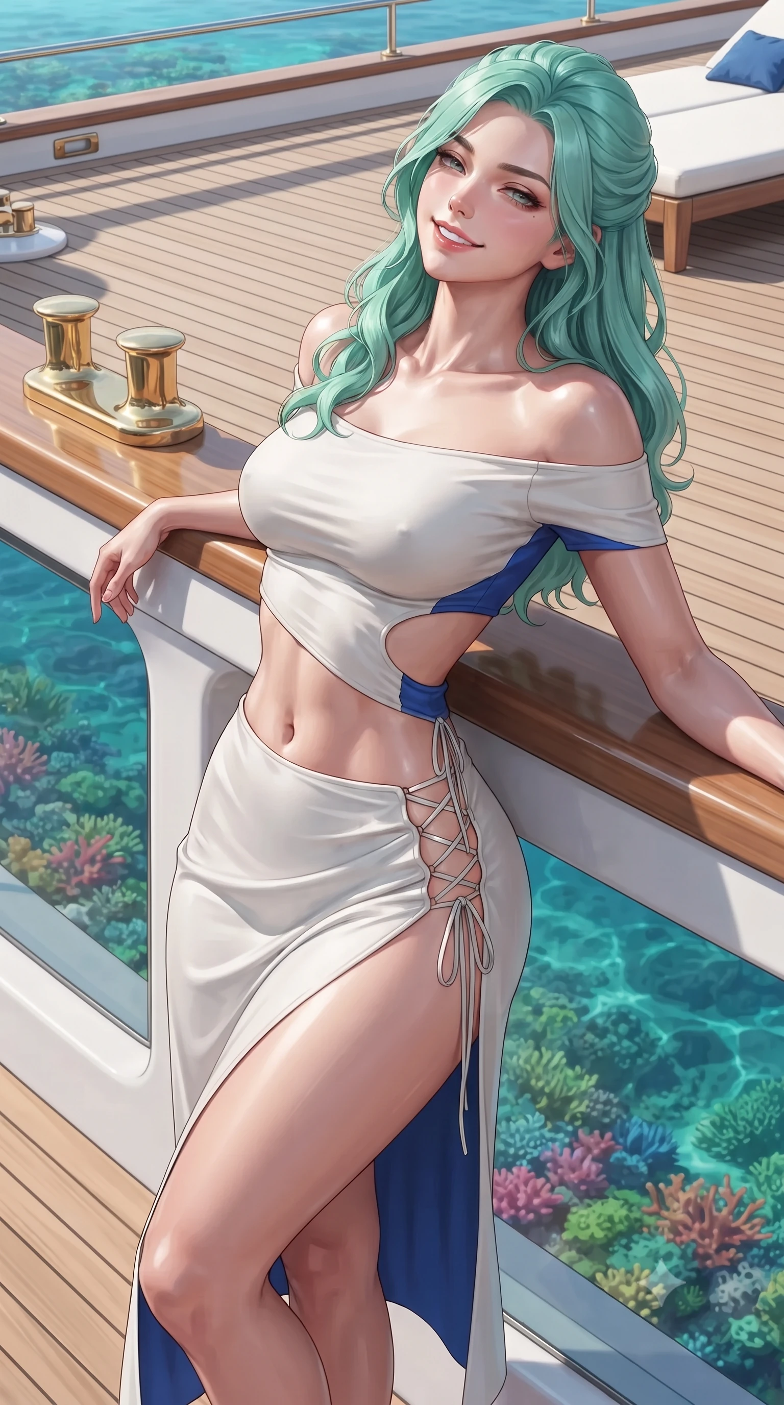 score_9, masterpiece, best quality, ultra-detailed, high-budget anime keyframe, editorial fashion photography, tasteful artistic composition, Japanese woman. close-up cowboy shot from the waist and thighs up, the character dominates the composition, filling the frame with her large presence. leaning back against the balustrade with relaxed seductive grace, head tilted back slightly while casting a hypnotic, heavy-lidded gaze while standing poised on the bleached teak deck cantilevered over vibrant Caribbean coral gardens, arching her lower back with siren charisma as warm tropical trade winds blow. The surrounding environment is rendered in vivid detail and crisp panoramic clarity: sharp natural teak plank grain, polished brass deck cleats, and live coral reef texture through transparent water in deep focus. She has an exceptionally elegant, slender, and willowy female figure with an ultra-slim waist, flat toned midriff, narrow ribcage, and sculpted feminine hips creating an alluring, slim hourglass silhouette without bulk. sharp v-shaped jawline, high-bridge nose, intricate jewel-like sparkling eyes with depth, thick eyelashes, glossy parted lips with a natural peach sheen, bright cheerful beaming smile with an enchanting and coquettish sensual glint, exuding both youthful cute charm and seductive allure, flawlessly proportioned anatomical accuracy, strict slender model proportions, natural body alignment, perfectly sculpted long slender limbs, ultra-slim waistline, clean dynamic posture without body distortion. wearing an alluring off-the-shoulder crop top with asymmetrical side-torso cutouts and a high-slit wrap skirt in Normandy Étretat alabaster chalk white and Atlantic cobalt, made of fluid liquid jersey with seamless sculpting hold and smooth contours, featuring fine criss-cross lace-up side ties revealing tantalizing glimpses of her hip curve, the liquid-tight tailored fabric clinging flawlessly to her narrow waist and rounded feminine hips, emphasizing every millimeter of her sculpted slim hourglass curves without any bulky heaviness. illuminated by water caustics bounce and sharp platinum-cyan rim lights sculpting her jawline, narrow waist, and curvy hips. ultra-reflective glossy finish, specular highlights, rich textural contrasts, high-contrast stereoscopic depth, volumetric dynamic lighting, 2k, ultra detail, master piece, 9:16 ratio