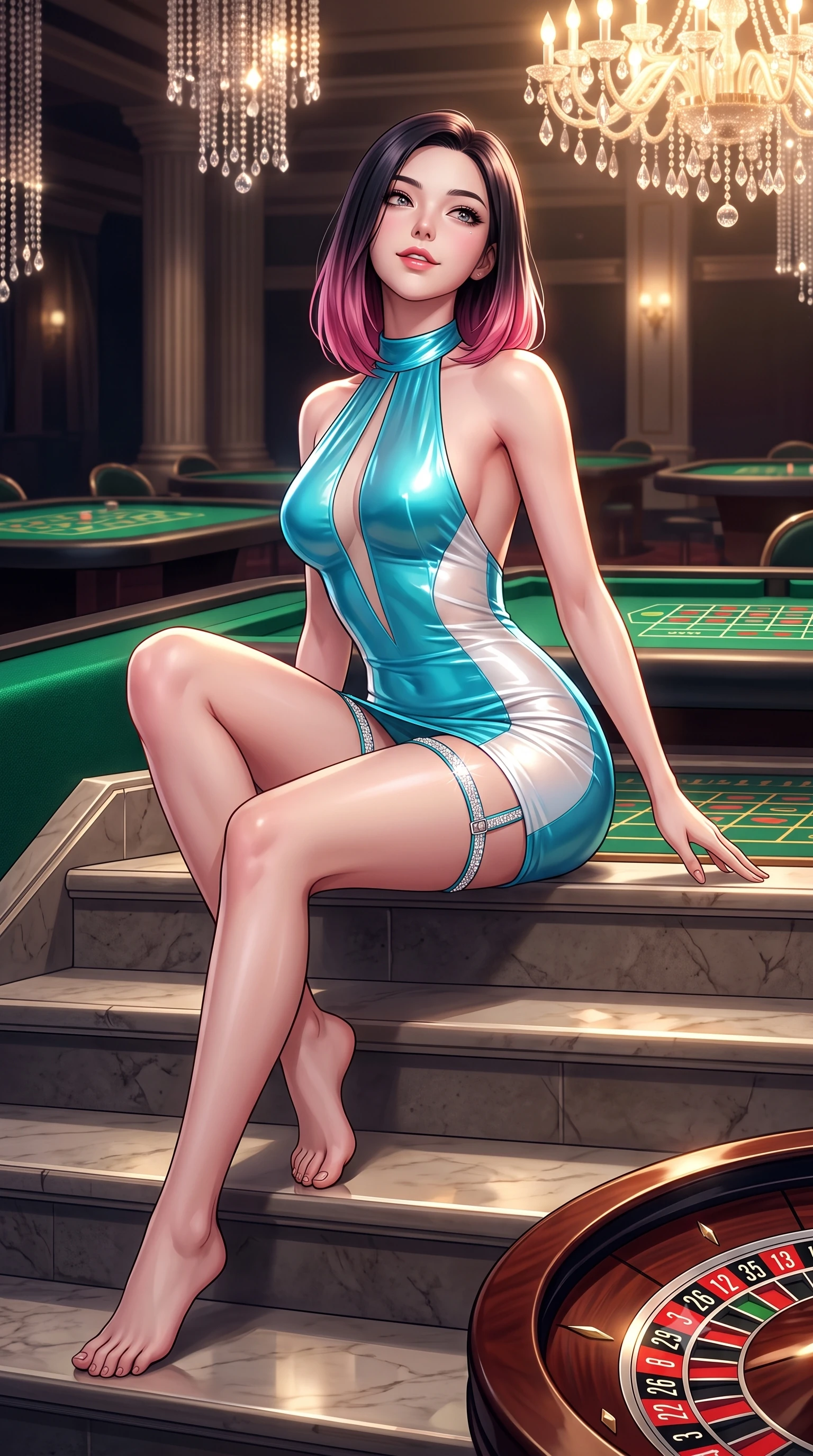 score_9, masterpiece, best quality, ultra-detailed, high-budget anime keyframe, semi-realistic 3D game render, editorial fashion photography, tasteful artistic composition, Korean woman. low angle full-body shot from head to toe showing her feet, filling the entire 9:16 vertical frame with her statuesque presence, stretching her vertical silhouette. sitting poised on the stone steps with one knee bent, arching her spine with supermodel elegance as she glances upward through thick eyelashes while twisting her slender torso in an alluring contrapposto stance, glittering gold chandeliers and deep green velvet reflections sculpting her curves. The surrounding environment is rendered in vivid detail and crisp panoramic clarity: sharp emerald baize felt texture, crystal chandelier pendant facets, and lacquered mahogany roulette wheel rim in deep focus. She has an absolutely perfect, statuesque 8.5-heads proportion, an exceptionally tall and slender model-like female figure with impossibly long slender legs, an ultra-slim waist, a flat toned midriff, narrow delicate ribcage, and beautifully sculpted feminine hips creating a graceful, slim hourglass silhouette without any bulky heaviness. sharp v-shaped jawline, high-bridge nose, sparkling eyes with hypnotic seductive depth, thick curled eyelashes, glossy parted lips with a natural dewy peach sheen, alluring bedroom-eyes with an enchanting coquettish smile, exuding magnetic siren charisma and sophisticated glamour, flawlessly proportioned anatomical accuracy, strict slender model proportions, natural body alignment, perfectly sculpted long slender limbs, ultra-slim waistline, clean dynamic posture without body distortion. wearing a backless halterneck column mini dress in shimmering liquid vinyl clinging like a second skin in Capri turquoise and pure pearl white, made of semi-opaque stretch illusion mesh with soft shadowy contours, finished with delicate crystal-encrusted thigh garter straps glinting in the dim light, the second-skin tailored fabric adhering flawlessly to her sculpted flat midriff and slender torso, emphasizing her long leg lines and perfectly proportioned willowy build. bathed in brilliant warm 2900K crystal chandelier light spilling from towering ceilings mixed with focused table downlights. highly saturated vibrant anime colors, detailed shading with soft gradients, rich glossy textures, high-contrast stereoscopic depth, volumetric dynamic lighting, master piece, 9:16 ratio