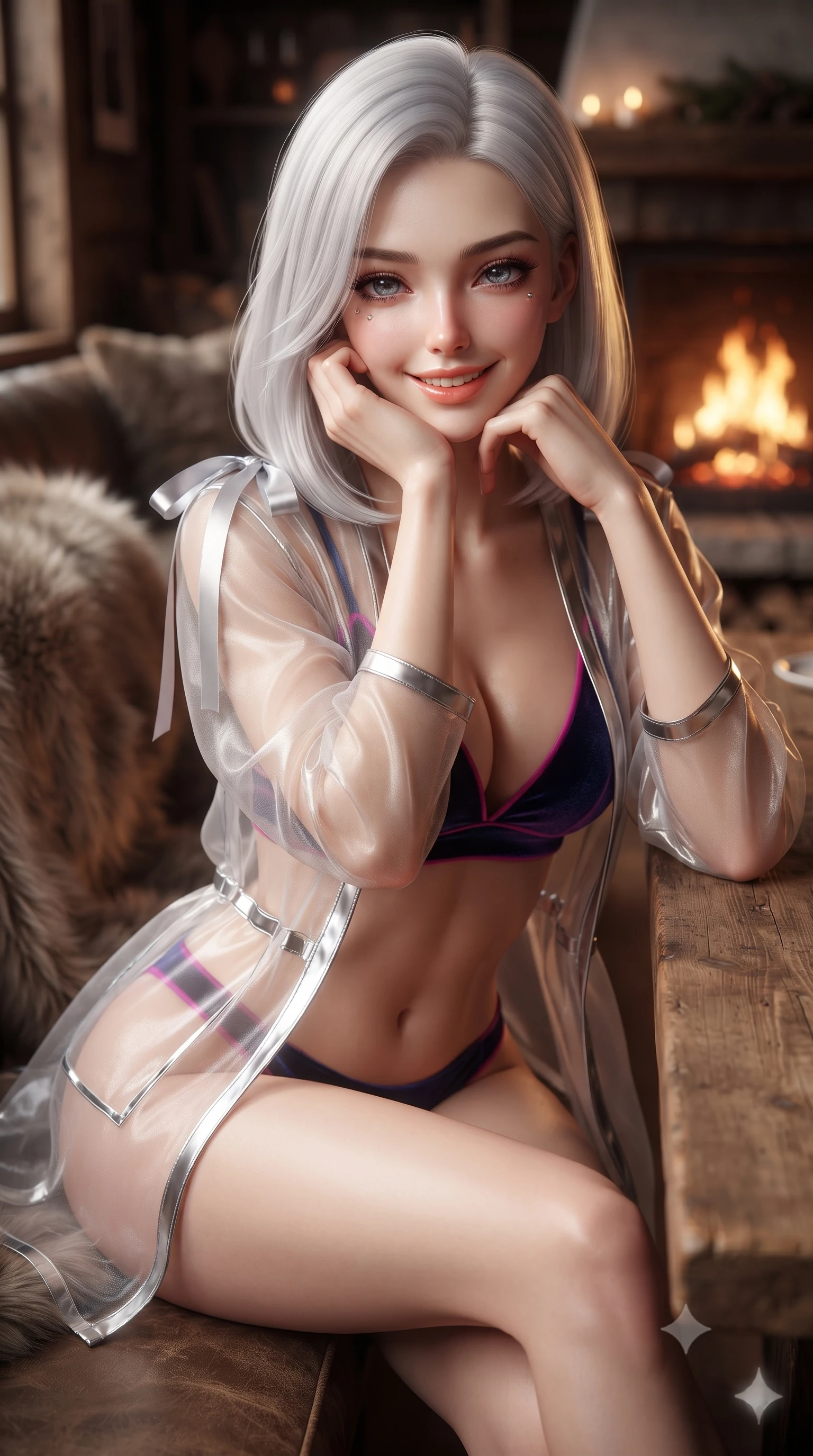 score_9, masterpiece, best quality, ultra-detailed, high-budget anime keyframe, editorial fashion photography, tasteful artistic composition, Korean woman. close-up cowboy shot from the waist and thighs up, the character dominates the composition, filling the frame with her large presence. resting one elbow on the table and supporting her chin, leaning close to the camera with heavy-lidded sparkling eyes and parted lips while twisting her slender torso in an alluring S-curve beside the fur-draped banquette, glowing firelight caressing her dewy skin and flat midriff. The background shows a soft-focus cascading fur throws softened in cozy Scandinavian historic loft shallow focus. She has an exceptionally elegant, slender, and willowy female figure with an ultra-slim waist, flat toned midriff, narrow ribcage, and sculpted feminine hips creating an alluring, slim hourglass silhouette without bulk. sharp v-shaped jawline, high-bridge nose, intricate jewel-like sparkling eyes with depth, thick eyelashes, glossy parted lips with a natural peach sheen, bright cheerful beaming smile with an enchanting and coquettish sensual glint, exuding both youthful cute charm and seductive allure, flawlessly proportioned anatomical accuracy, strict slender model proportions, natural body alignment, perfectly sculpted long slender limbs, ultra-slim waistline, clean dynamic posture without body distortion. wearing a delicate sheer organza futuristic caftan with metallic chrome accents worn open over a micro liquid-metal bralette in Huangpu midnight sapphire and neon magenta, tailored from ultra-plush silk velvet with rich tactile depth and deep shadow gradients, finished with satin ribbon ties at the shoulders fluttering in the gentle breeze, the glove-like clinging cut tightly following the natural contour of her hips and long slender legs with youthful 8.5-heads elegance. illuminated by timber floor reflection fill and sharp flame-gold rim lights defining her razor-sharp jawline, narrow waist, and curvy hips. ultra-reflective glossy finish, specular highlights, rich textural contrasts, high-contrast stereoscopic depth, volumetric dynamic lighting, 2k, ultra detail, master piece, 9:16 ratio
