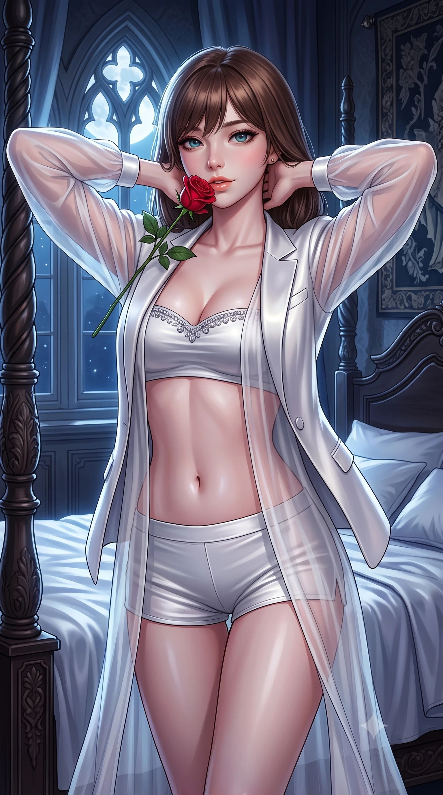 score_9, masterpiece, best quality, ultra-detailed, high-budget anime keyframe, semi-realistic 3D game render, editorial fashion photography, tasteful artistic composition, Korean woman. close-up cowboy shot from the waist and thighs up, the character dominates the composition, filling the frame with her large presence. resting both hands lightly behind her neck with elbows raised, arching her spine to highlight her narrow waist, flat midriff, and breathtaking collarbones while twisting her slender torso in an alluring S-curve while adjusting a sheer robe, silver moonlight pouring through pointed-arch windows. The surrounding environment is rendered in vivid detail and crisp panoramic clarity: sharp silk bedsheet creases, carved ebony bedpost reliefs, and gothic wall tapestry threads in deep focus. She has an exceptionally elegant, slender, and willowy female figure with an ultra-slim waist, flat toned midriff, narrow ribcage, and sculpted feminine hips creating an alluring, slim hourglass silhouette without bulk. sharp v-shaped jawline, high-bridge nose, sparkling eyes with hypnotic seductive depth, thick curled eyelashes, glossy parted lips with a natural dewy peach sheen, alluring bedroom-eyes with an enchanting coquettish smile, exuding magnetic siren charisma and sophisticated glamour, flawlessly proportioned anatomical accuracy, strict slender model proportions, natural body alignment, perfectly sculpted long slender limbs, ultra-slim waistline, clean dynamic posture without body distortion. wearing a tailored open-front minimal smoking blazer worn over a jewel-embellished bandeau and micro-shorts in pure pearl alabaster with liquid platinum sheen, made of sheer gossamer chiffon that drapes softly against skin with airy translucence, accented with a single fresh-cut long-stemmed crimson rose held delicately near her parted lips, the glove-like clinging cut tightly following the natural contour of her hips and long slender legs with youthful 8.5-heads elegance. illuminated by silk bedding reflection fill and sharp platinum-gold rim lights defining her collarbones, narrow waist, and curvy hips. highly saturated vibrant anime colors, detailed shading with soft gradients, rich glossy textures, high-contrast stereoscopic depth, volumetric dynamic lighting, master piece, 9:16 ratio