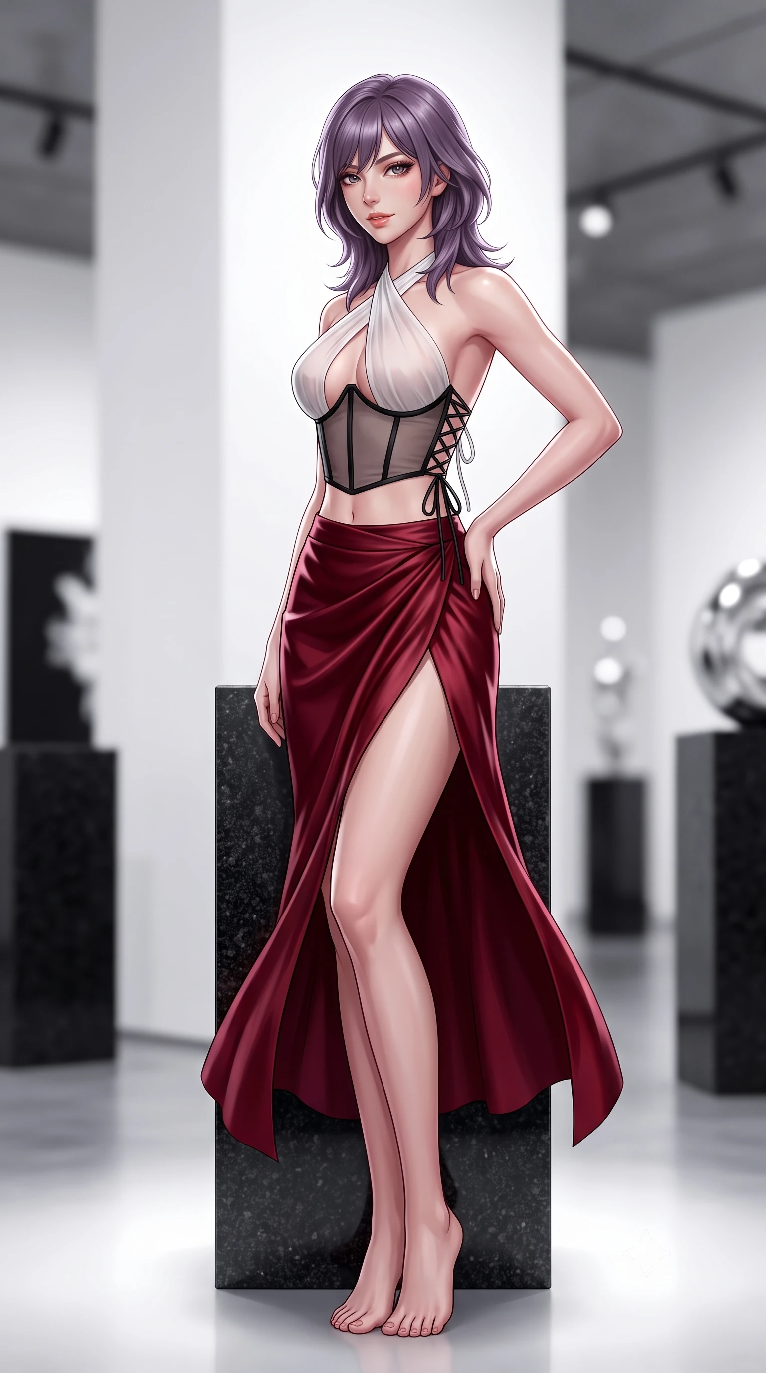 score_9, masterpiece, best quality, ultra-detailed, high-budget anime keyframe, semi-realistic 3D game render, editorial fashion photography, tasteful artistic composition, Japanese woman. low angle full-body shot from head to toe showing her feet, filling the entire 9:16 vertical frame with her statuesque presence, stretching her vertical silhouette. executing a slow, graceful pivot turn as her skirt sways around her slender legs, glancing back with an enchanting, teasing sensual expression while perched sideways on an empty granite pedestal with legs crossed, one hand resting on her hip with supermodel disdain and allure. The background shows a soft-focus towering white gallery walls, monumental black granite plinths, and distant avant-garde art installations blurred into matte black, optic white, and silver bokeh. She has an absolutely perfect, statuesque 8.5-heads proportion, an exceptionally tall and slender model-like female figure with impossibly long slender legs, an ultra-slim waist, a flat toned midriff, narrow delicate ribcage, and beautifully sculpted feminine hips creating a graceful, slim hourglass silhouette without any bulky heaviness. sharp v-shaped jawline, high-bridge nose, sparkling eyes with hypnotic seductive depth, thick curled eyelashes, glossy parted lips with a natural dewy peach sheen, alluring bedroom-eyes with an enchanting coquettish smile, exuding magnetic siren charisma and sophisticated glamour, flawlessly proportioned anatomical accuracy, strict slender model proportions, natural body alignment, perfectly sculpted long slender limbs, ultra-slim waistline, clean dynamic posture without body distortion. wearing a high-waisted dark crimson satin wrap sarong skirt with hip-high slit paired with a plunging criss-cross halter corset in dual-tone high-contrast avant-garde monochrome, made of sheer gossamer chiffon that drapes softly against skin with airy translucence, finished with fine criss-cross lace-up side ties revealing tantalizing glimpses of her hip curve, the second-skin tailored fabric adhering flawlessly to her sculpted flat midriff and slender torso, emphasizing her long leg lines and perfectly proportioned willowy build. illuminated by floor bounce fill and sharp high-contrast white rim lights sculpting her jawline, flat midriff, and voluptuous hip curves. highly saturated vibrant anime colors, detailed shading with soft gradients, rich glossy textures, high-contrast stereoscopic depth, volumetric dynamic lighting, master piece, 9:16 ratio