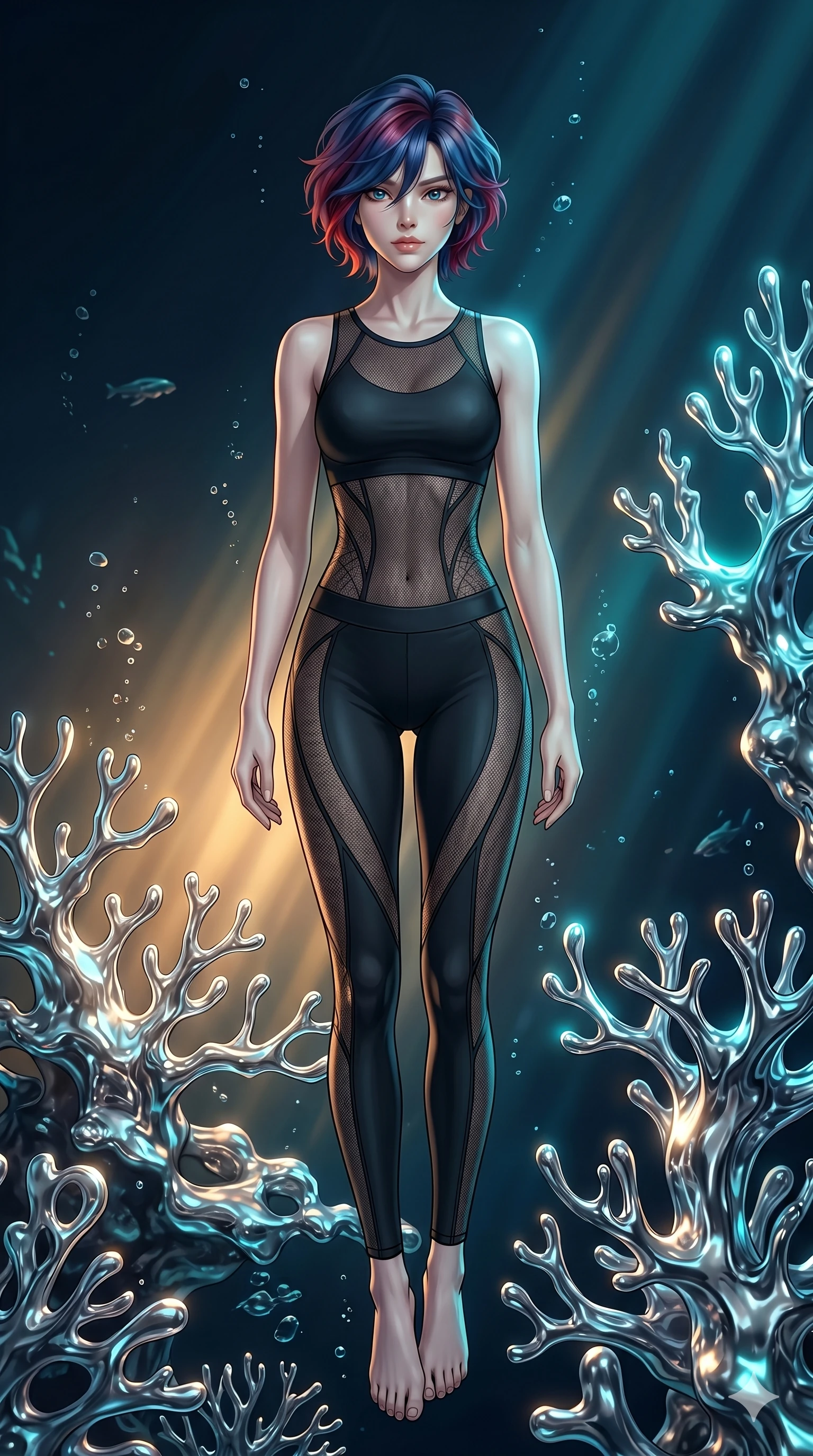 score_9, masterpiece, best quality, ultra-detailed, high-budget anime keyframe, Japanese woman. low angle full-body shot filling the entire 9:16 frame with her statuesque presence, stretching the vertical silhouette. diving through a bionic fluid mercury reef where self-replicating liquid chrome corals pulse under dark ocean water. She has an absolutely perfect 8-heads proportion, an exceptionally tall and slender female figure with impossibly long slender legs and an ultra-slim waist. V-shaped jawline, high-bridge nose, intricate jewel-like eyes with depth, thick eyelashes, glossy lips with a natural sheen.. wearing a sheer mesh athleisure set, featuring a tight matte black top and leggings with semi-opaque mesh panels tracing the curves of her waist and thighs. showcasing a beautiful play of light and shadow, with warm golden rays clashing against cool cyan highlights. 2k, ultra detail, master piece, 9:16 ratio