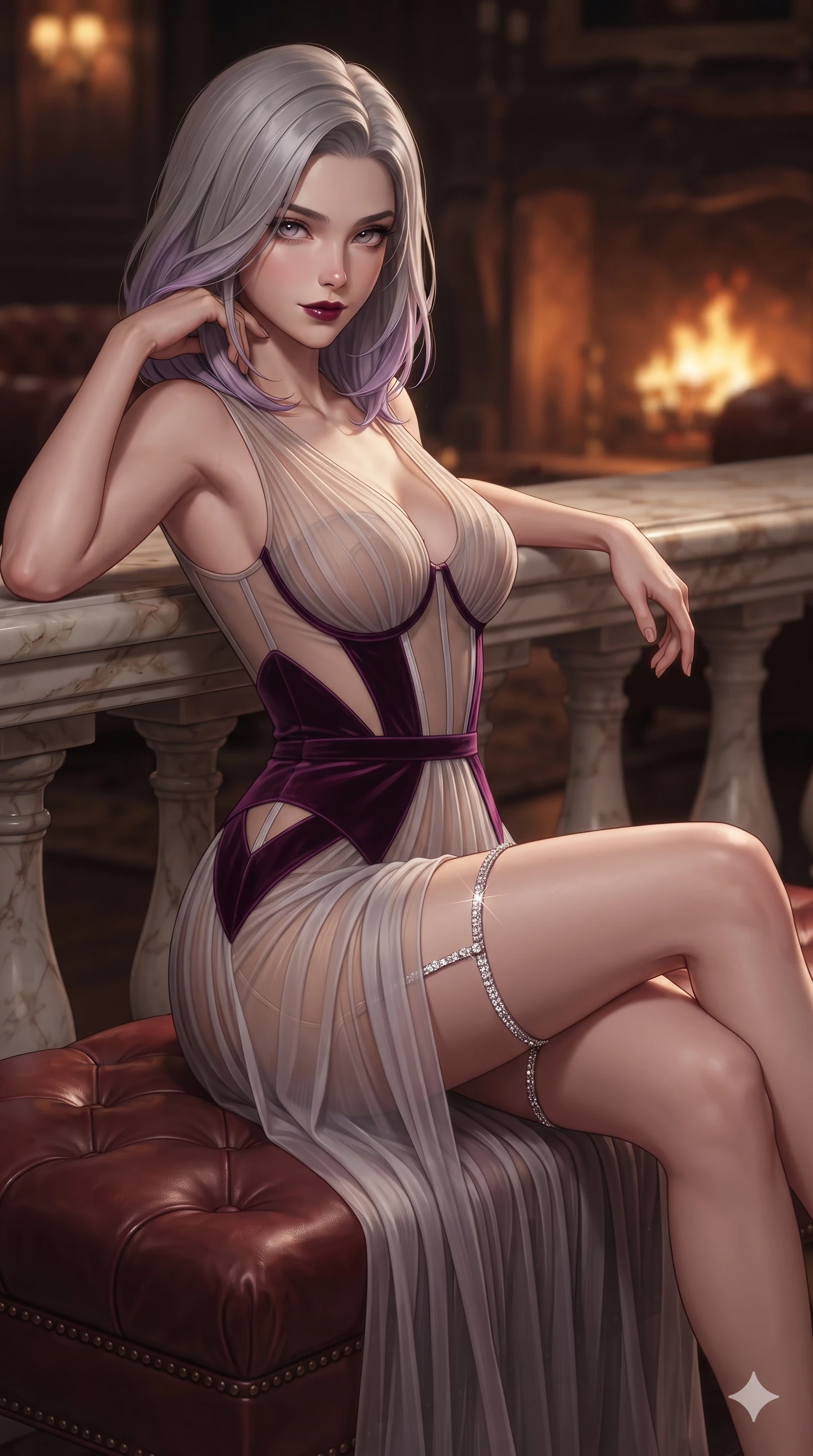 score_9, masterpiece, best quality, ultra-detailed, high-budget anime keyframe, editorial fashion photography, tasteful artistic composition, Caucasian woman. close-up cowboy shot from the waist and thighs up, the character dominates the composition, filling the frame with her large presence. resting one elbow on the marble balustrade while arching her spine with dancer poise, her dark bedroom-eyes casting a magnetic sidelong glance while perched sideways on the tufted leather ottoman, one knee drawn up to showcase her slender leg line while her arched back accentuates her feminine curves. The background shows a soft-focus exclusive private gentlemen's club atmosphere softened in aristocratic parlor shallow focus. She has an exceptionally elegant, slender, and willowy female figure with an ultra-slim waist, flat toned midriff, narrow ribcage, and sculpted feminine hips creating an alluring, slim hourglass silhouette without bulk. sharp v-shaped jawline, high-bridge nose, intricate jewel-like dark sparkling eyes with dangerous depth, thick curled eyelashes, glossy parted lips with a rich wine sheen, smoldering seductive half-smile with bedroom-eyes, exuding effortless superiority and intoxicating dark allure, flawlessly proportioned anatomical accuracy, strict slender model proportions, natural body alignment, perfectly sculpted long slender limbs, ultra-slim waistline, clean dynamic posture without body distortion. wearing a sheer-illusion mesh corset gown with strategic opaque velvet panels framing her waist and hips in royal amaranth purple and liquid platinum, crafted from semi-sheer pleated silk chiffon layered over an opaque second-skin underlayer, finished with delicate crystal-encrusted thigh garter straps glinting in the neon glare, the liquid-tight tailored fabric clinging flawlessly to her narrow waist and rounded feminine hips, emphasizing every millimeter of her sculpted slim hourglass curves without any bulky heaviness. bathed in the warm, flickering 2200K amber glow of the open hearth fire contrasted with deep shadows. ultra-reflective glossy finish, specular highlights, rich textural contrasts, high-contrast stereoscopic depth, volumetric dynamic lighting, 2k, ultra detail, master piece, 9:16 ratio