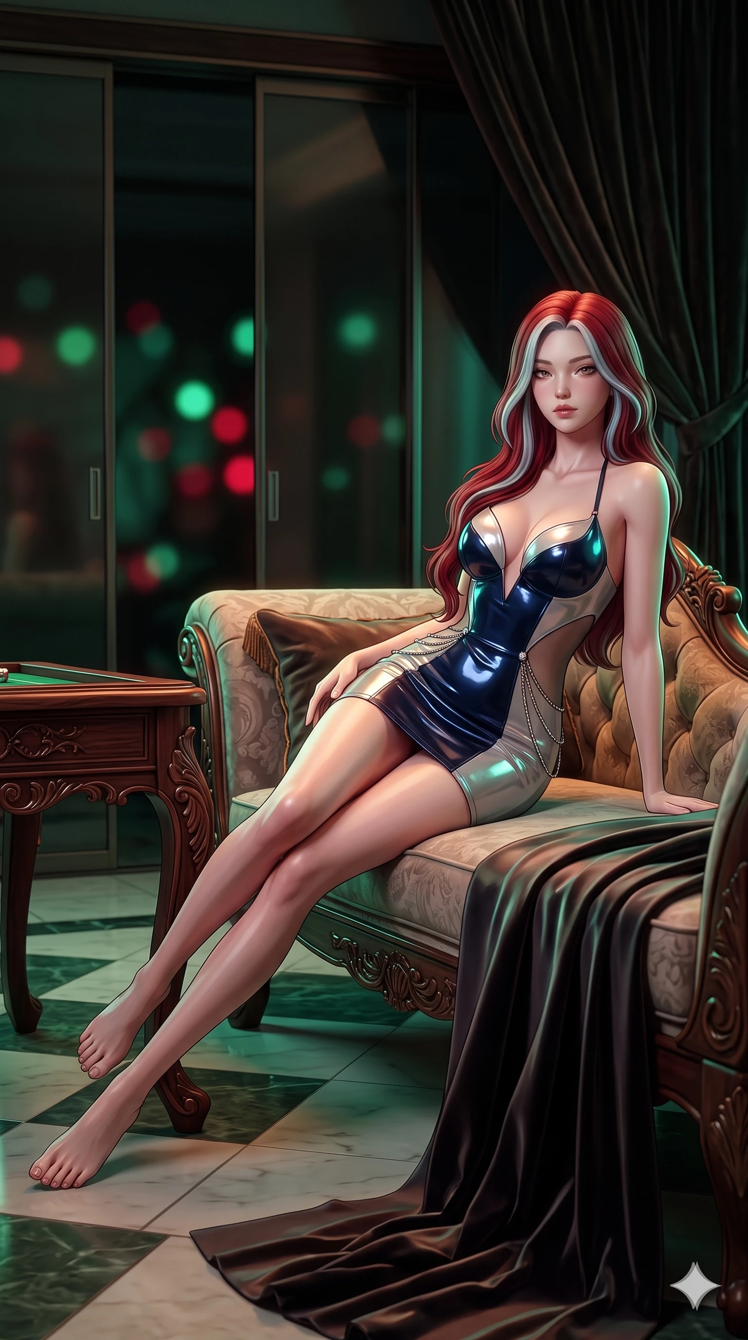score_9, masterpiece, best quality, ultra-detailed, high-budget anime keyframe, semi-realistic 3D game render, editorial fashion photography, tasteful artistic composition, Caucasian woman. low angle full-body shot from head to toe showing her feet, filling the entire 9:16 vertical frame with her statuesque presence, stretching her vertical silhouette. reclining gracefully across the plush chaise lounge with one leg extended, her sculpted silhouette and flat midriff radiating magnetic nocturnal glamour while leaning over the carved rosewood gaming table with hips cocked back, looking through smoked glass partitions with heavy-lidded seductive bedroom-eyes. The background shows a soft-focus carved rosewood tables with ivory and jade tiles, smoked glass sliding panels, and velvet drapes blurred into emerald, ruby, and dark rosewood bokeh. She has an exceptionally tall and slender model-like 8.5-heads proportion, an ultra-slim waist, a flat toned midriff, narrow delicate ribcage, and beautifully sculpted feminine hips creating a graceful, slim hourglass silhouette without any bulky heaviness, with impossibly long slender legs. sharp v-shaped jawline, high-bridge nose, intricate jewel-like sparkling eyes with depth, thick eyelashes, glossy parted lips with a natural sheen, intensely captivating and seductive bedroom-eyes expression, exuding both youthful cute charm and sovereign luxury allure, flawlessly proportioned anatomical accuracy, strict slender model proportions, natural body alignment, perfectly sculpted long slender limbs, ultra-slim waistline, clean dynamic posture without body distortion. wearing an alluring plunging sweetheart bodice dress with sheer mesh side-waist cutouts contouring her ribs in midnight sapphire blue and liquid platinum, tailored from high-gloss patent leather with mirror-like specular highlights, accented with an open-back drape framed by falling strands of delicate chrome chains, the form-contouring cut accentuating her sculpted flat midriff, narrow delicate ribcage, and gracefully curvy hips with intoxicating allure. illuminated by polished table bounce and sharp emerald-amber rim lights defining her razor-sharp jawline, narrow waist, and curvy hips. highly saturated vibrant anime colors, detailed shading with soft gradients, rich glossy textures, high-contrast stereoscopic depth, volumetric dynamic lighting, master piece, 9:16 ratio