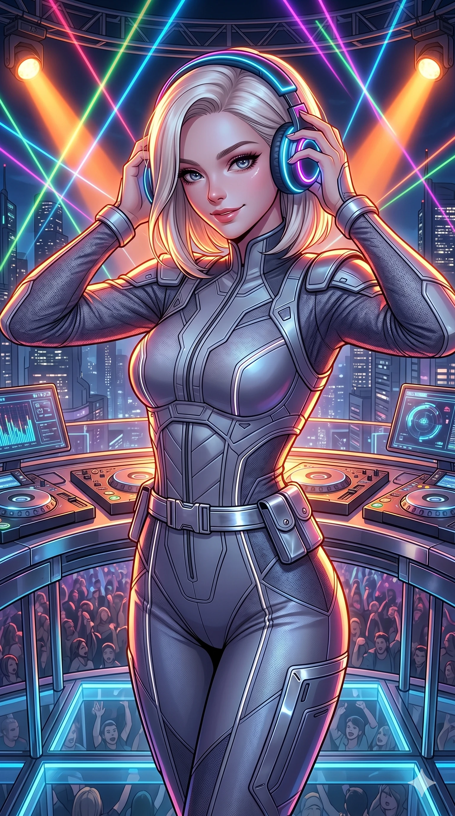 score_9, masterpiece, best quality, ultra-detailed, high-budget anime keyframe, Caucasian woman, strictly human ears. Upper body close-up from the thighs up, character filling the screen for maximum presence. She is adjusting glowing neon headphones at a futuristic rooftop DJ booth. She sways to the music, glancing down at the crowd below with a confident, mesmerizing smile. She has an absolutely perfect 8-heads proportion, a tall and elegant figure with a refined silhouette and a defined waistline. V-shaped jawline, high-bridge nose, intricate jewel-like eyes with depth, thick eyelashes, glossy lips with a natural sheen. She is wearing a high-fashion tech-jumpsuit featuring structured panel overlays across the torso and shoulders, accented by a metallic silver utility belt and textured fabric sleeves. The scene is lit by brilliant neon club laser beams and bright orange key lights tracing her silhouette. 2k, ultra detail, master piece, 9:16 ratio
