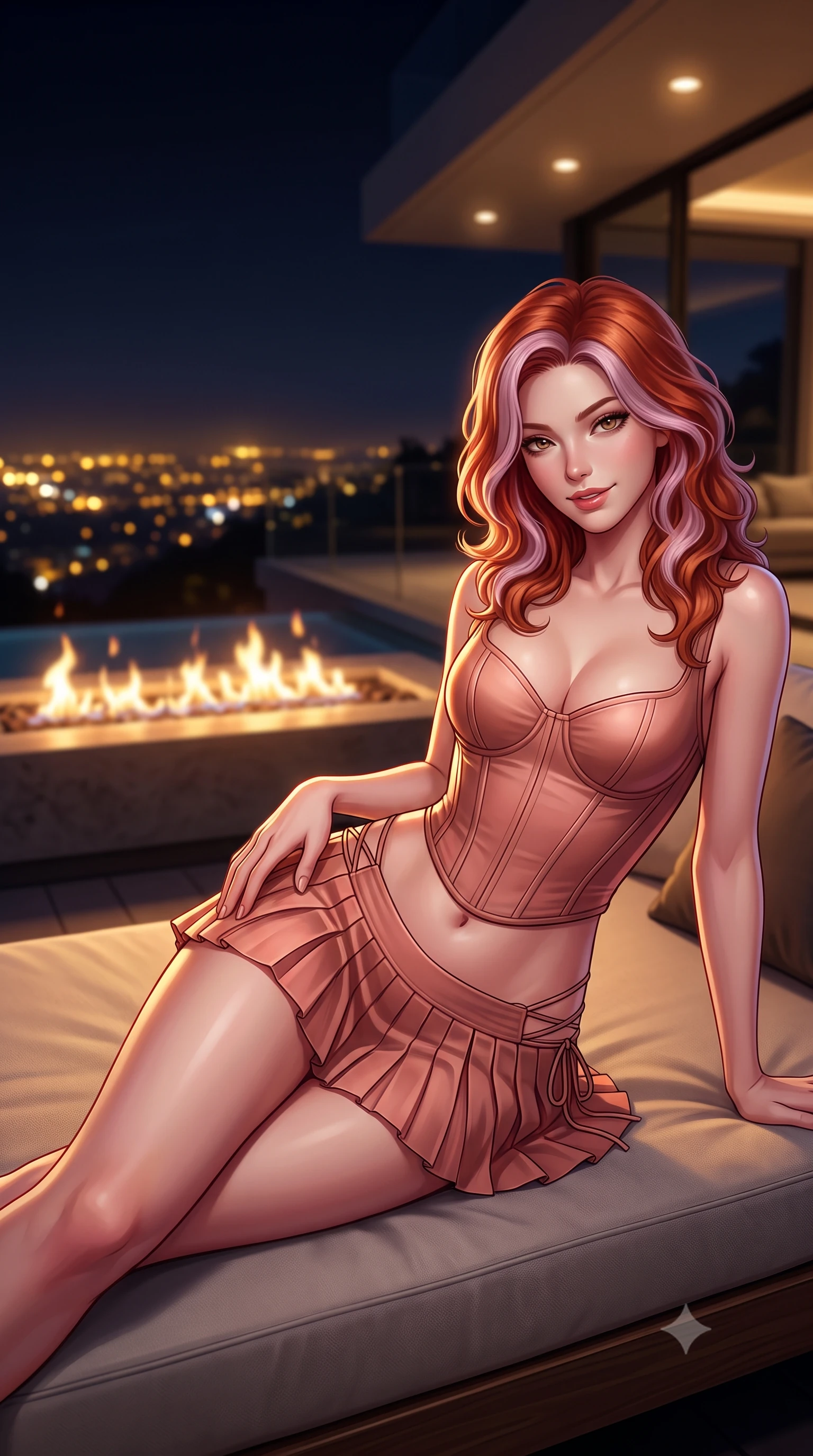 score_9, masterpiece, best quality, ultra-detailed, high-budget anime keyframe, semi-realistic 3D game render, editorial fashion photography, tasteful artistic composition, Caucasian woman. close-up cowboy shot from the waist and thighs up, the character dominates the composition, filling the frame with her large presence. tilting her head with a teasing half-smile, running one hand slowly down the side of her hip in a flirtatious S-curve as ambient light caresses her silhouette while lounging in the custom Italian outdoor daybed propped on one elbow with legs extended, her statuesque 8.5-heads silhouette dominating the nocturnal horizon. The background shows a soft-focus linear deck fire pit flames softened in billionaire hillside mansion shallow focus. She has an exceptionally elegant, slender, and willowy female figure with an ultra-slim waist, flat toned midriff, narrow ribcage, and sculpted feminine hips creating an alluring, slim hourglass silhouette without bulk. sharp v-shaped jawline, high-bridge nose, intricate jewel-like sparkling eyes with depth, thick eyelashes, glossy parted lips with a natural peach sheen, bright cheerful beaming smile with an enchanting and coquettish sensual glint, exuding both youthful cute charm and seductive allure, flawlessly proportioned anatomical accuracy, strict slender model proportions, natural body alignment, perfectly sculpted long slender limbs, ultra-slim waistline, clean dynamic posture without body distortion. wearing a structured boned corset top paired with an ultra-short low-rise pleated micro mini skirt in Grasse centifolia rose petal blush and burnished copper, made of fluid liquid jersey with seamless sculpting hold and smooth contours, featuring fine criss-cross lace-up side ties revealing tantalizing glimpses of her hip curve, the impeccably tailored cut draping gracefully along her slender figure with aristocratic poise. bathed in the dramatic contrast of golden city lights below and dim 2800K recessed interior cove downlights. highly saturated vibrant anime colors, detailed shading with soft gradients, rich glossy textures, high-contrast stereoscopic depth, volumetric dynamic lighting, master piece, 9:16 ratio