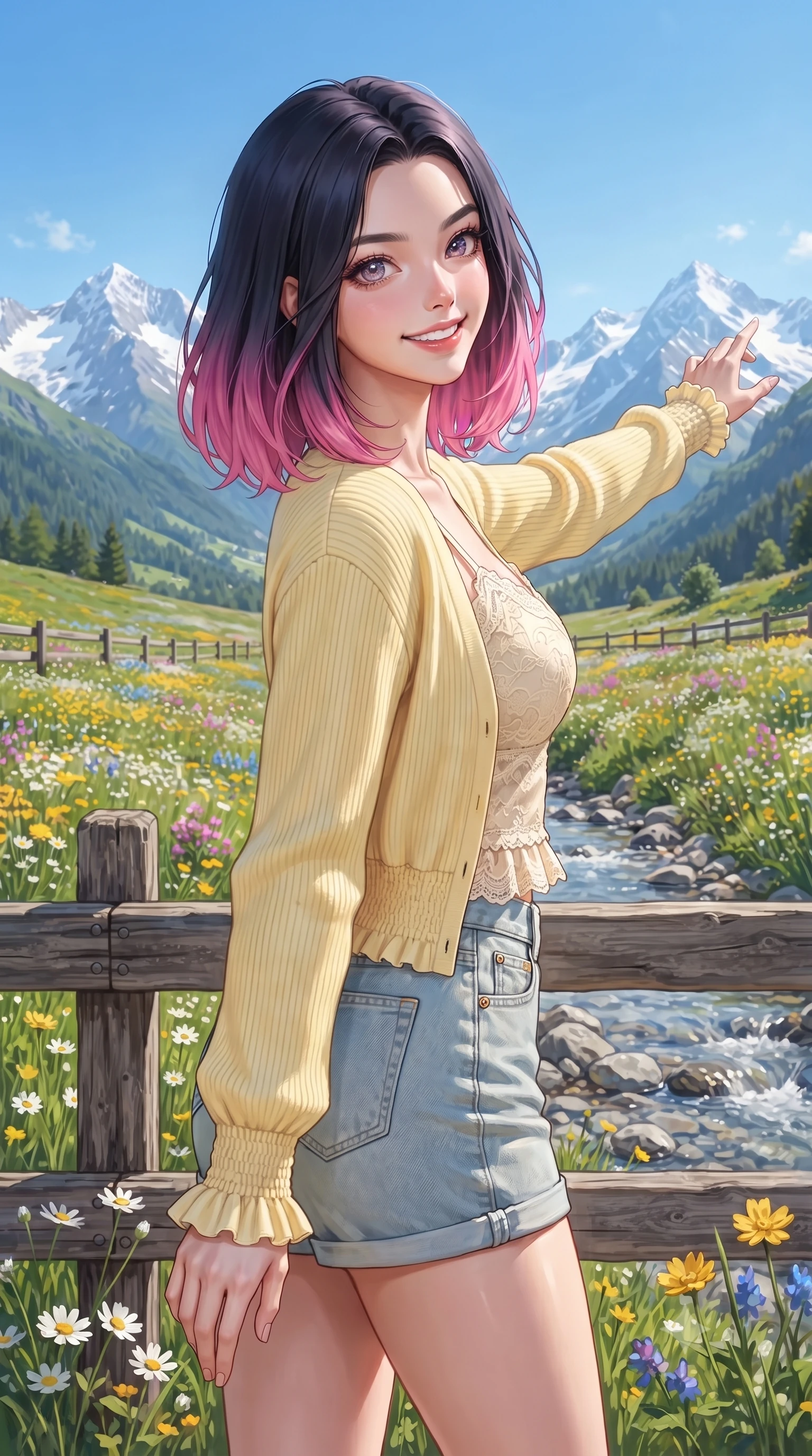 score_9, masterpiece, best quality, ultra-detailed, high-budget anime keyframe, editorial fashion photography, tasteful artistic composition, Korean woman. close-up cowboy shot from the waist and thighs up, the character dominates the composition, filling the frame with her large presence. extending one arm gracefully toward the scenery while turning back with an infectious, heartwarming smile while strolling gracefully through vibrant alpine wildflower fields under dramatic snow-capped peaks with a beaming bright smile. The surrounding environment is rendered in vivid detail and crisp panoramic clarity. detailed wooden fence textures, crystal-clear glacial stream pebbles, and majestic snow peaks rendered in high resolution. She has an exceptionally elegant, slender, and willowy female figure with an ultra-slim waist, a gracefully sculpted slender torso, toned flat midriff, and a refined slim silhouette. sharp v-shaped jawline, high-bridge nose, intricate jewel-like eyes with depth, thick eyelashes, glossy lips with a natural sheen, pure and lovely fresh girlhood expression, flawlessly proportioned anatomical accuracy, strict slender model proportions, natural body alignment, perfectly sculpted long slender limbs, ultra-slim waistline, clean dynamic posture without body distortion. wearing a soft pastel ribbed knit cardigan worn over a delicate cream lace camisole and light-wash denim shorts in fresh buttercup yellow and clean cream white, tailored from soft pastel lightweight wool blend with subtle texture, accented with soft smocked elastic details and ruffled cuff trims, the tailored casual silhouette highlighting her fresh and youthful presence and perfectly proportioned slender frame. bathed in brilliant morning alpine sunshine and pure crystal-clear blue sky ambient illumination. ultra-reflective glossy finish, specular highlights, rich natural textures, high-contrast stereoscopic depth, volumetric dynamic lighting, 2k, ultra detail, master piece, 9:16 ratio